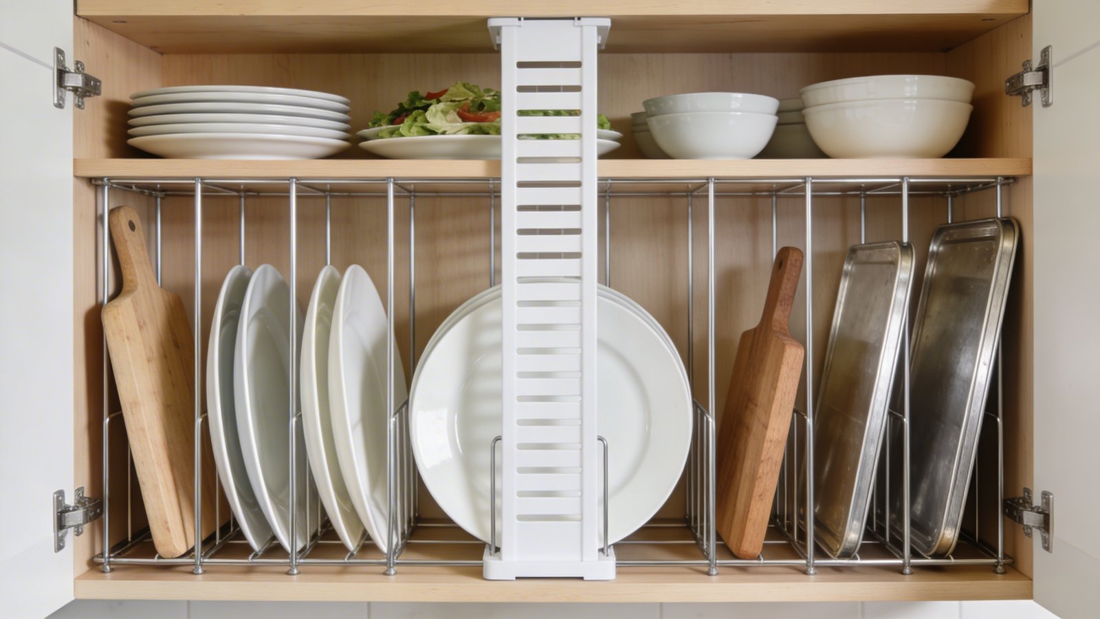 A bright modern kitchen cabinet interior photographed from a straight-on angle, showcasing a white vertical plate rack organizer installed inside an open cabinet, with dinner plates, salad plates, and bowls stored upright on their sides like files, interspersed with wooden cutting boards and silver baking sheets standing vertically in individual slots, natural daylight illuminating the organized storage system, shallow depth of field highlighting the space-efficient design, clean minimalist aesthetic with light wood cabinet shelving and chrome rack dividers