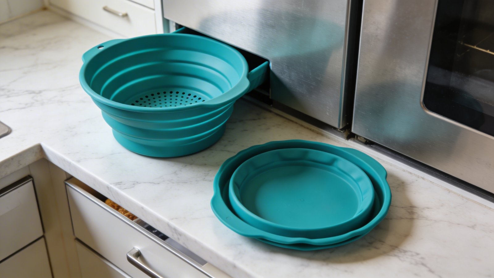 A high-quality overhead photograph of vibrant teal silicone collapsible colanders in two states - one fully expanded showing its ribbed texture and drainage holes, and one completely flattened beside it, displayed on a light marble kitchen countertop. The collapsed version is tucked into a narrow gap between a stainless steel appliance and cabinet, demonstrating the space-saving capability. Soft natural lighting from the side highlights the flexible silicone material's texture and the dramatic difference in height between expanded and collapsed forms. Kitchen drawer partially visible in background with minimal depth, realistic home kitchen setting, sharp focus, professional food photography style.