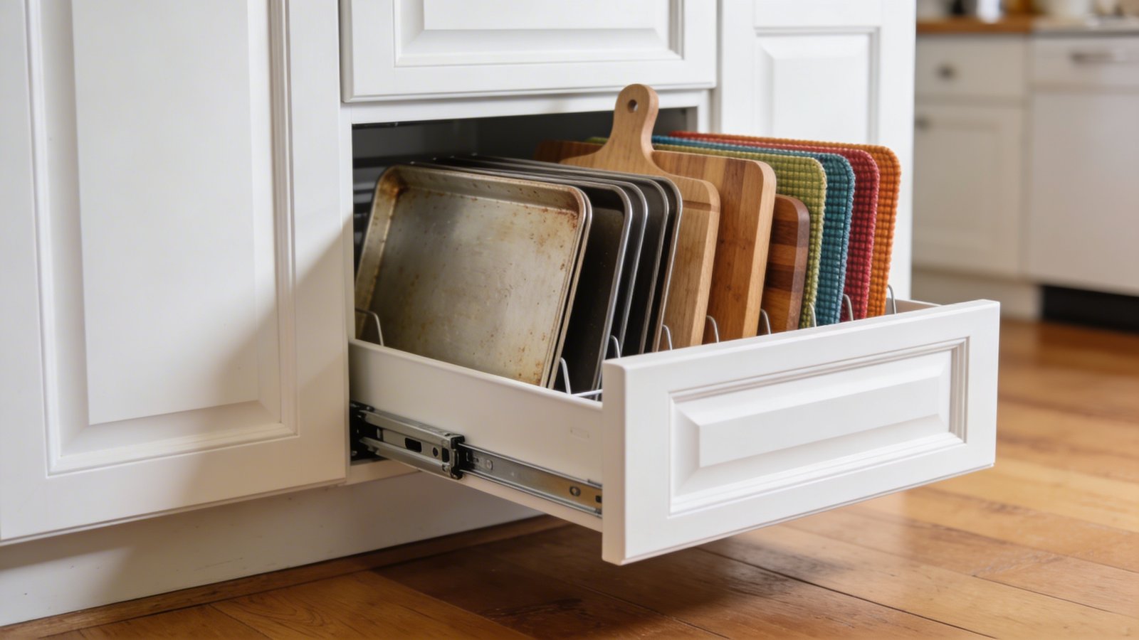 A modern kitchen interior photographed from a low angle showing a sleek toe-kick drawer pulled open at the base of white shaker-style cabinets, revealing neatly organized flat baking sheets, wooden cutting boards, and colorful placemats stored vertically inside the shallow drawer, with hardwood flooring visible and natural daylight illuminating the clever hidden storage solution, shot in a realistic home photography style with shallow depth of field focusing on the open drawer mechanism