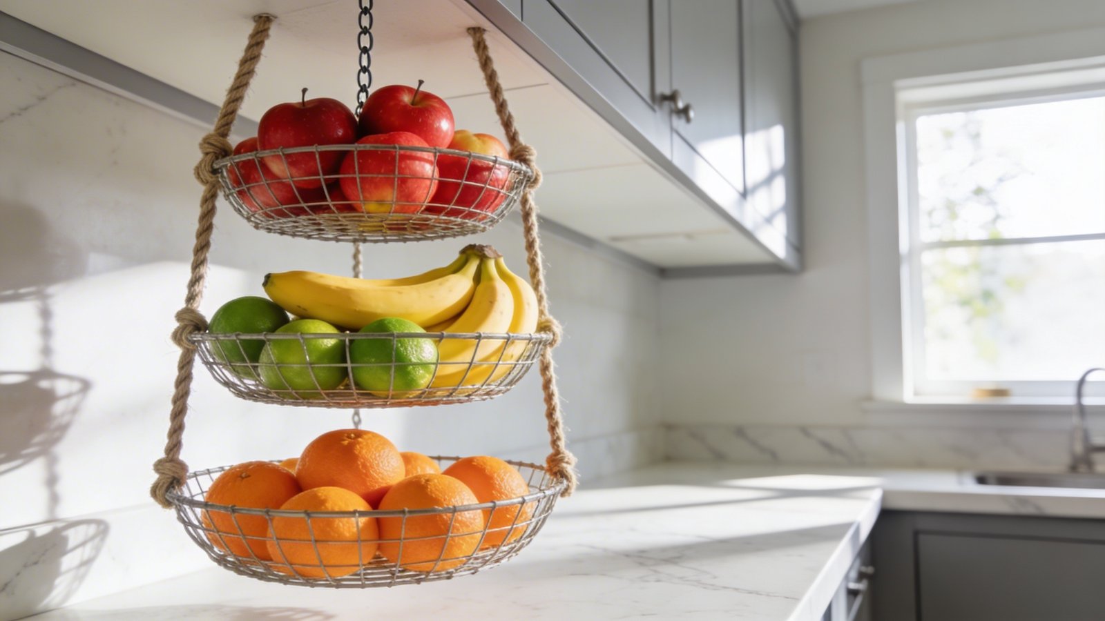 A bright, airy modern kitchen with a three-tiered hanging wire basket suspended from the ceiling near a white marble countertop, filled with fresh colorful produce including red apples on top tier, yellow bananas and green limes on middle tier, and oranges on bottom tier, natural morning sunlight streaming through a nearby window creating soft shadows, the baskets hang at varying heights connected by sturdy rope or chain, clean minimalist kitchen with pale gray cabinets visible in the background, shot from a slightly low angle to emphasize the vertical storage solution and the freed-up counter space below, shallow depth of field with the fruit baskets in sharp focus, lifestyle photography style with warm natural tones