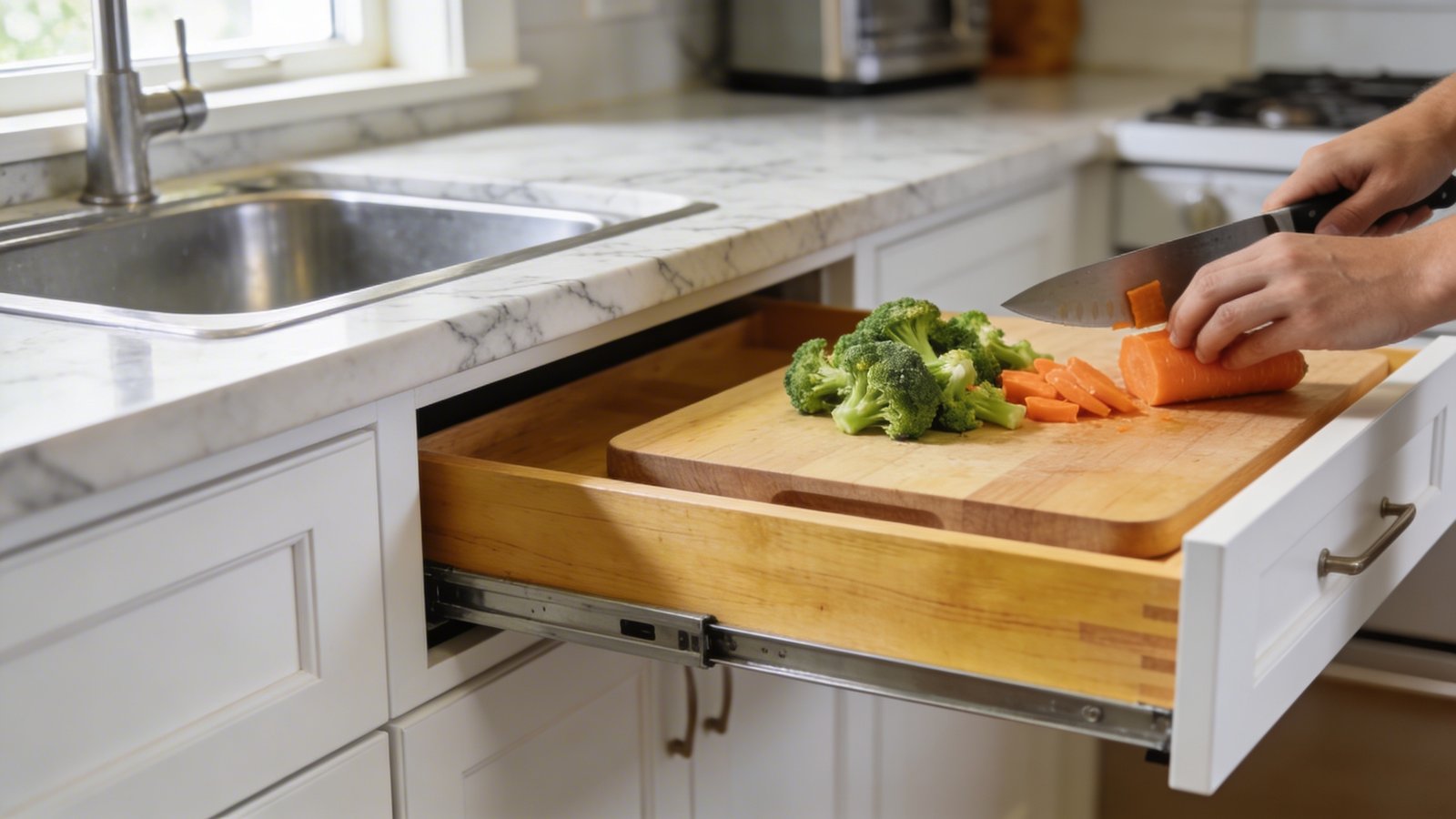 A modern kitchen scene photographed from a 45-degree side angle showing a blonde wood pull-out cutting board extended from a white shaker-style lower cabinet next to a stainless steel sink, with fresh green broccoli and orange carrots being chopped on the board, a chef's knife mid-cut, natural daylight streaming from a window illuminating the workspace, marble countertops visible above, the extended cutting board creating additional prep space in the compact kitchen, shot in sharp focus with shallow depth of field blurring the background appliances