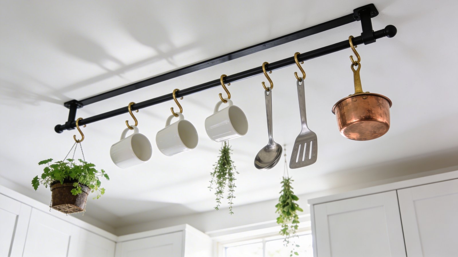 A bright modern kitchen interior photographed from a low angle looking upward, showcasing a black metal ceiling-mounted rail system with multiple brass S-hooks hanging various items including white ceramic mugs, stainless steel cooking utensils like spatulas and ladles, a small copper pot, and a small hanging planter with fresh green herbs, all suspended at different heights against a clean white ceiling, with soft natural window light creating subtle shadows, and the top of white cabinets visible at the edges of the frame, shot in a contemporary minimalist style with shallow depth of field