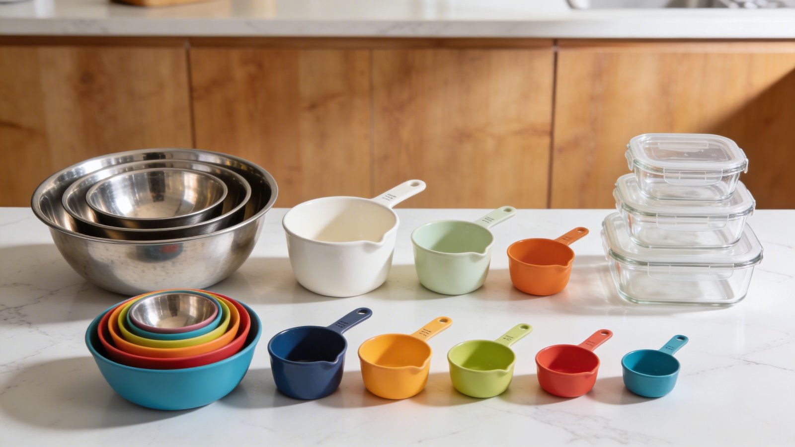 A high-quality overhead photograph of multiple sets of colorful nesting kitchen items arranged on white marble countertop, showing stainless steel mixing bowls of graduated sizes fitting perfectly inside each other, ceramic measuring cups in descending order, and clear glass food storage containers stacked compactly, with one set shown nested together and another set displayed in a graduated line to demonstrate the space-saving comparison, bright natural lighting from the side, shallow depth of field, modern kitchen aesthetic with warm wood cabinet visible in background