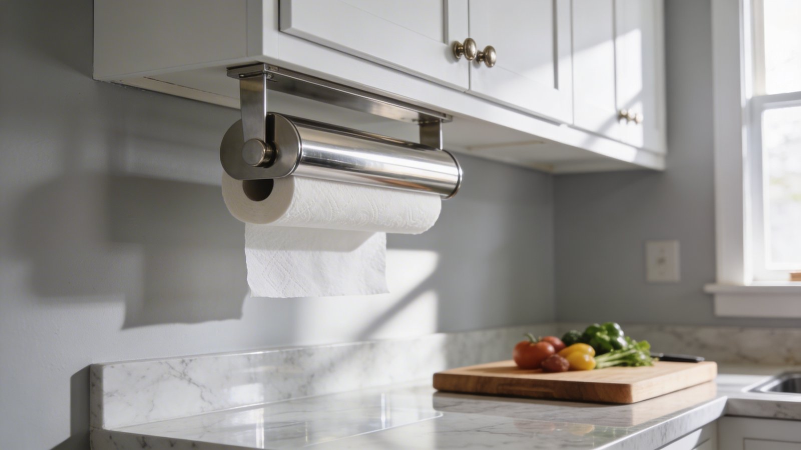A modern kitchen interior photographed from a side angle showing a sleek stainless steel paper towel holder mounted underneath white upper cabinets, with a roll of white paper towels dispensing downward, positioned above a clear marble countertop with a wooden cutting board and fresh vegetables, natural daylight streaming through a nearby window creating soft shadows, shallow depth of field focusing on the mounted holder, contemporary minimalist kitchen design with light gray walls and brushed nickel cabinet hardware visible in the background