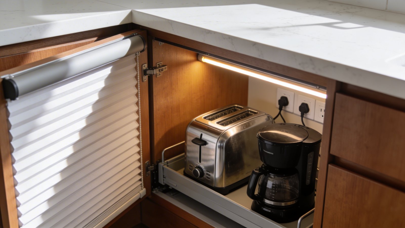A modern kitchen corner cabinet with a sleek roll-up tambour door partially open, revealing a neatly organized appliance garage containing a chrome toaster and black coffee maker plugged into built-in outlets, shot from a 45-degree angle showing white quartz countertops, warm wood cabinet interiors with LED strip lighting, and the convenient accessibility of the hidden appliances, natural morning light streaming from the side creating soft shadows, professional real estate photography style with sharp focus and depth of field
