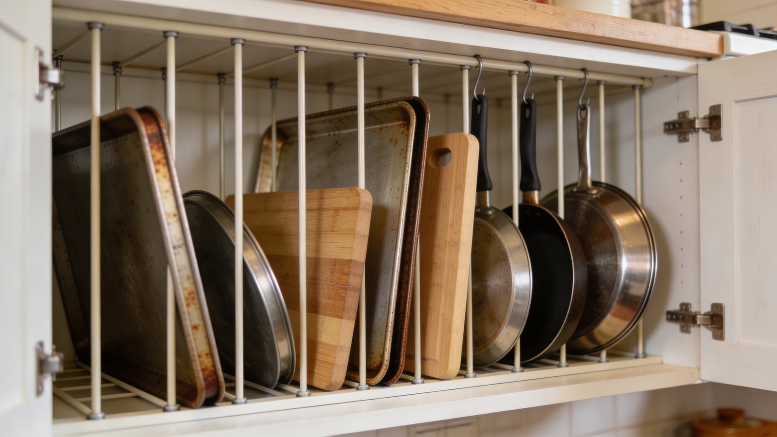 A close-up interior view of an open kitchen cabinet showing multiple vertical tension rods installed to create compartments, with baking sheets, cutting boards, and pot lids stored upright on their edges between the rods, shot from a slightly angled perspective with warm natural lighting, showcasing the organized spacing between items in white or light wood cabinet interior, realistic kitchen photography style with shallow depth of field emphasizing the vertical rod divider system