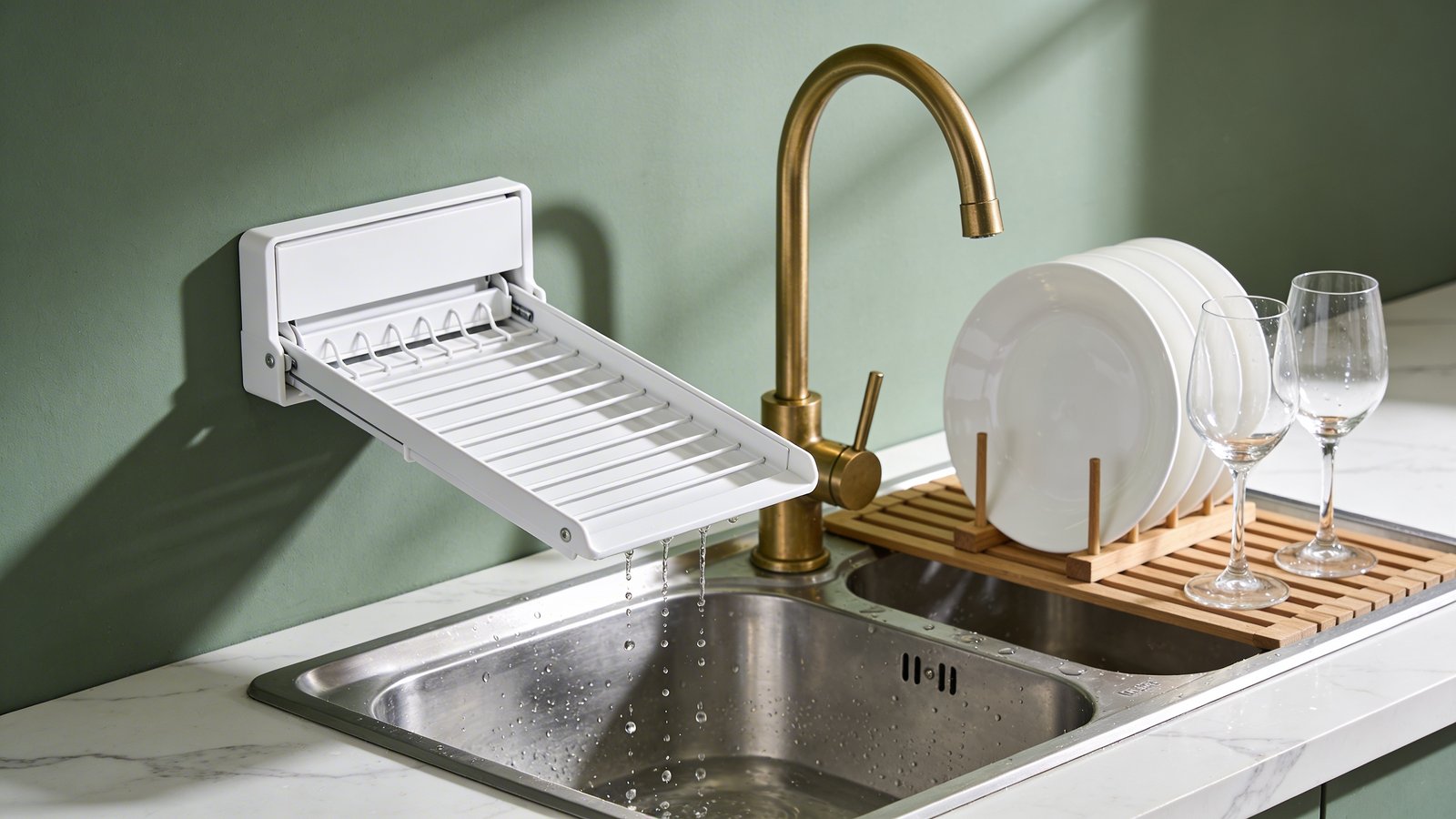 A modern minimalist kitchen with a sleek white fold-down drying rack mounted on a sage green wall above a stainless steel sink, shown in its extended position with clean white dishes and wine glasses neatly arranged on the wooden slats, water droplets visibly dripping into the sink below, natural morning light streaming through a nearby window creating soft shadows, shot from a 45-degree side angle showing both the functional rack mechanism and the compact kitchen counter space, contemporary brass fixtures and marble countertop visible in the frame, shallow depth of field emphasizing the innovative space-saving design