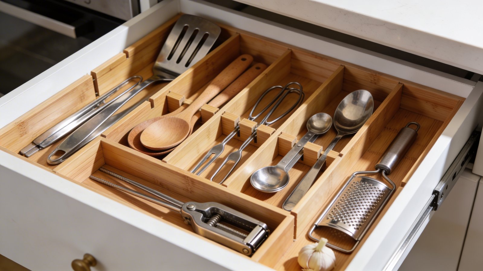 A high-quality overhead photograph of an open kitchen drawer featuring expandable bamboo organizers creating distinct compartments, filled with neatly arranged stainless steel utensils including spatulas, wooden spoons, tongs, measuring spoons, a garlic press, and a zester, each tool category separated into its own section, shot from a 45-degree angle with natural daylight creating soft shadows, showing the adjustable dividers extended to fit the drawer width perfectly, white drawer interior contrasting with warm wood organizers and metallic kitchen tools, shallow depth of field emphasizing the front compartments while keeping the back slightly softer