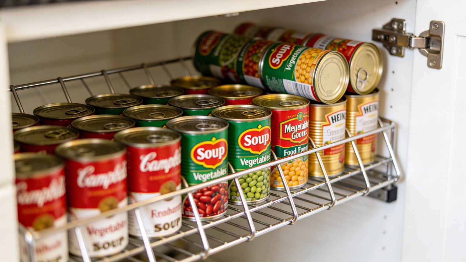 A high-quality photograph of a kitchen cabinet interior showcasing a tiered stackable can organizer system filled with various colorful canned goods, shot from a slight angle to show the sloped shelving mechanism where cans of soup, vegetables, and beans are neatly arranged in rows, labels clearly visible facing forward, with natural lighting illuminating the organized space, newer cans visible in the back elevated rows automatically feeding forward, white cabinet interior contrasting with the metallic chrome wire rack organizer and vibrant product labels in reds, greens, and golds, shallow depth of field emphasizing the front cans while showing the depth of the organizational system, realistic kitchen environment with warm ambient lighting