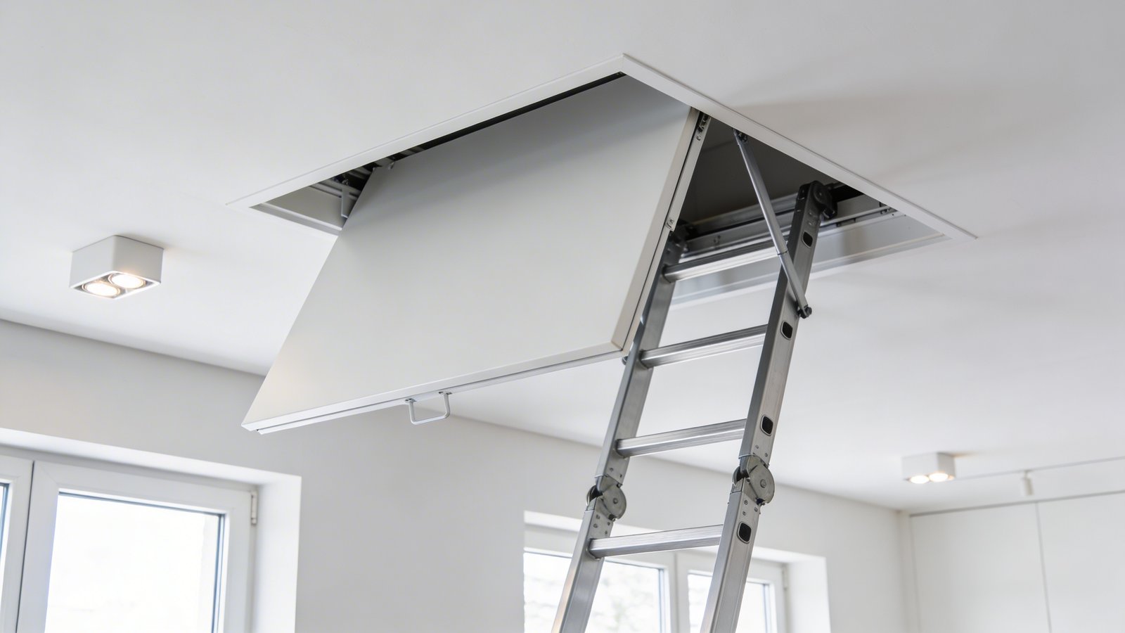 A stunning modern minimalist hallway interior with a sleek white ceiling where a retractable attic ladder is partially deployed, showing the custom ceiling panel elegantly folded open with a sturdy aluminum folding ladder extending downward, natural daylight streaming through nearby windows, the ceiling panel perfectly matches the smooth white ceiling texture making it nearly invisible when closed, contemporary light fixtures visible, clean lines and neutral color palette of whites and soft grays, photographed from a low angle perspective to emphasize the seamless integration of the ladder system into the ceiling, professional architectural photography style with sharp focus and bright ambient lighting