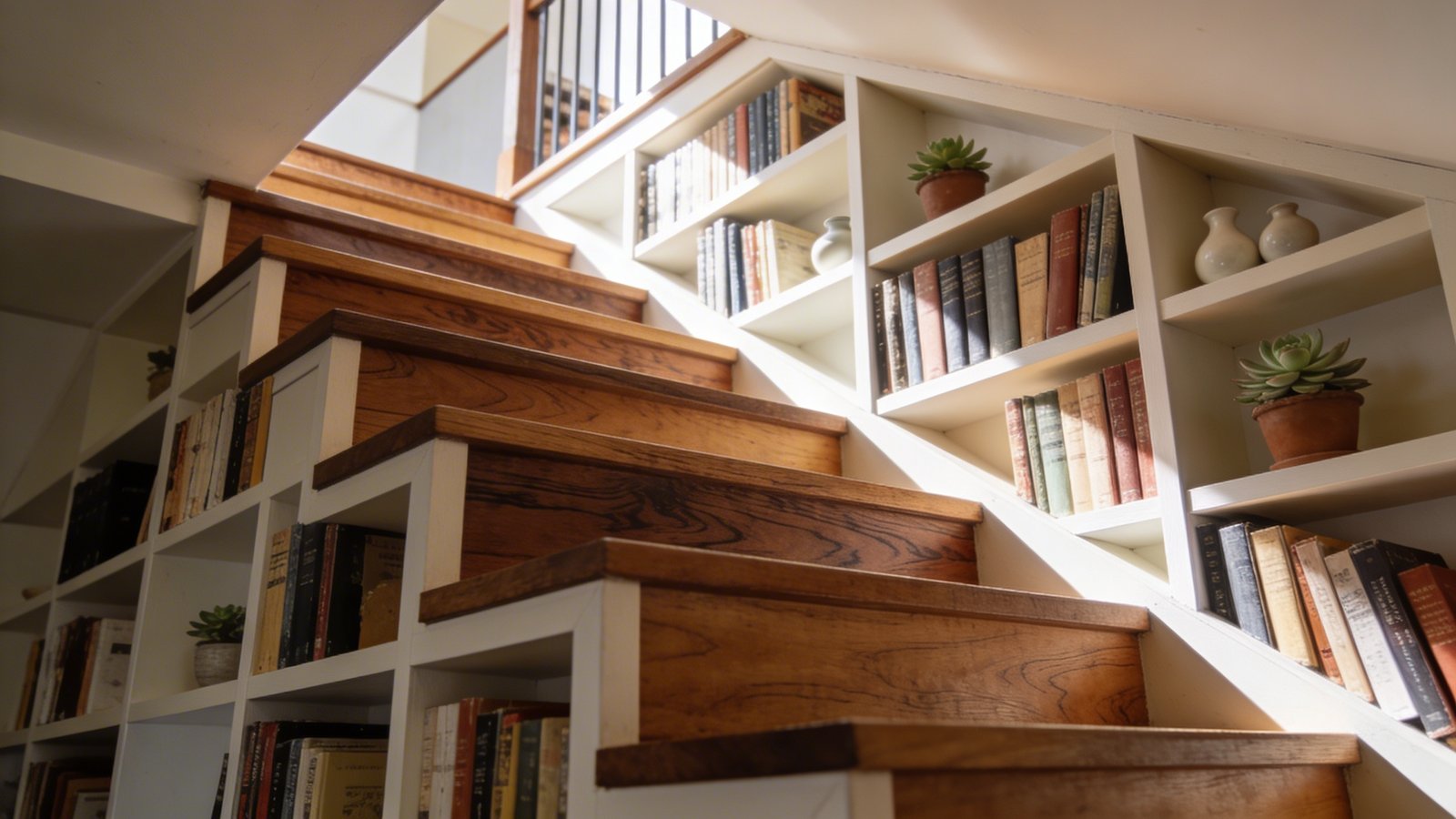 A modern attic staircase with built-in bookshelf storage integrated into each step's side panels, photographed from a diagonal angle showing the ascending stairs. The wooden steps feature whitewashed shelving units filled with carefully curated hardcover books, small potted succulents, and minimalist ceramic decorative objects. Warm natural light streams from above, highlighting the rich wood grain of the treads contrasting with the light-colored shelf compartments. The scene captures a cozy, lived-in aesthetic with books arranged both vertically and horizontally, creating visual interest without appearing cluttered. The perspective emphasizes the dual functionality of the staircase leading to an attic space, with glimpses of the upper landing visible in the background.