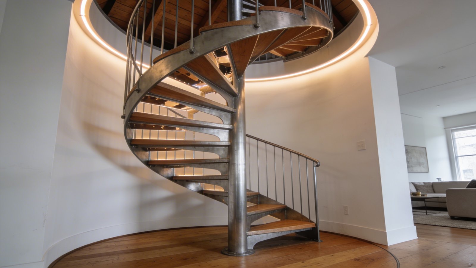A modern compact spiral staircase in brushed steel with wooden treads ascending to an attic space, photographed from a low three-quarter angle showing the elegant curved progression of steps, open riser design revealing the architectural geometry, warm LED strip lighting illuminating the underside of each step creating a soft glow, the staircase situated in a contemporary living room with white walls and natural light streaming through windows, showcasing its minimal 4-5 foot diameter footprint, industrial-chic aesthetic with clean lines, the spiral creating dynamic visual interest as it winds upward, hardwood flooring beneath, demonstrating space-efficient vertical design in a real residential interior