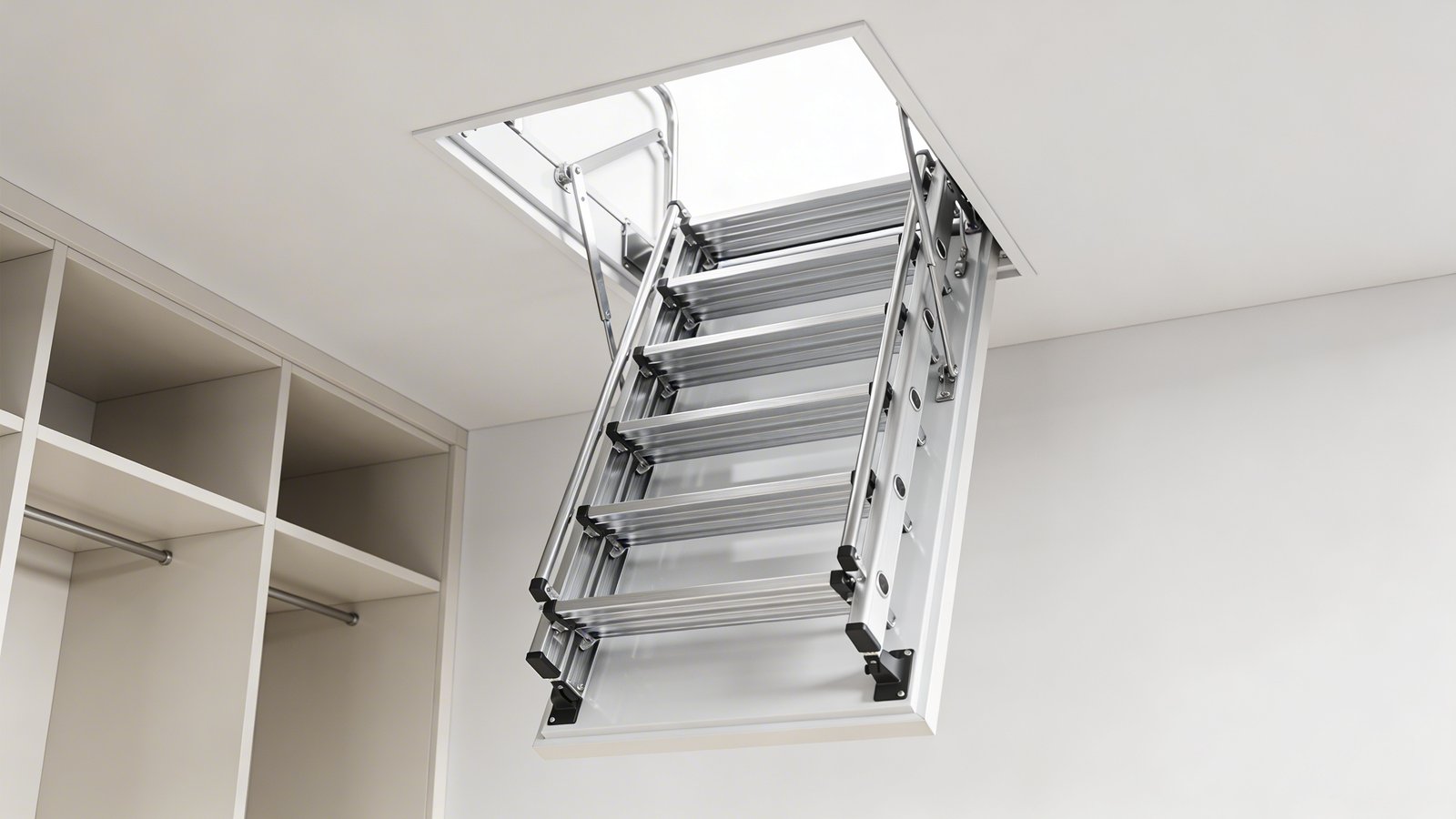 A modern telescoping aluminum attic ladder fully extended from a ceiling opening in a minimalist home interior, showing the sleek silver metallic rungs smoothly sliding out in a compressed accordion-style mechanism, photographed from a low three-quarter angle in a walk-in closet with white walls and natural lighting streaming from above, highlighting the ladder's slim profile and aerospace-grade construction with visible telescoping segments that create clean geometric lines against the neutral background