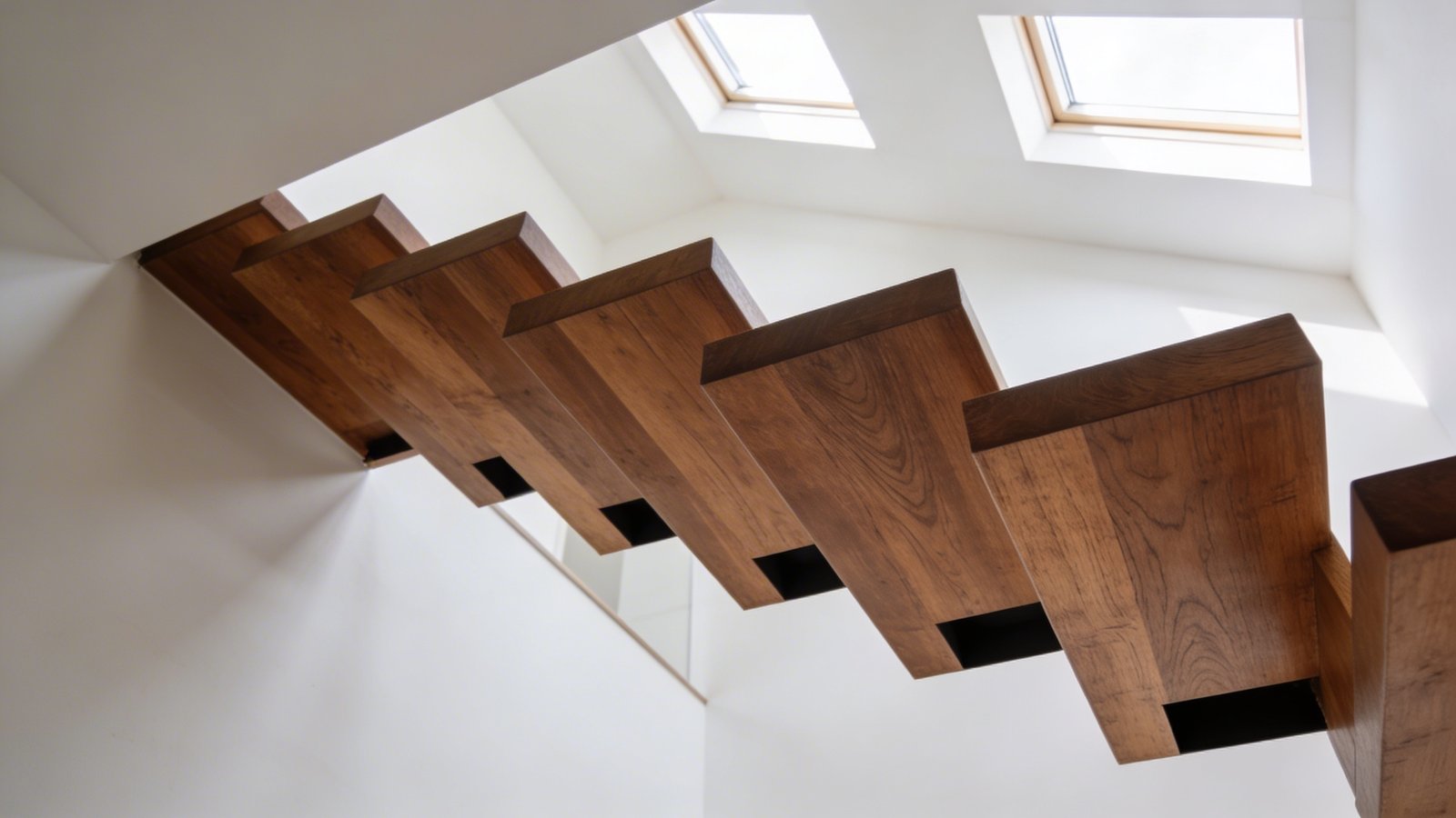A stunning modern interior photograph of cantilevered floating attic stairs with thick walnut wood treads appearing to defy gravity as they extend from a white wall without visible support, each step creating dramatic negative space underneath, photographed from a low three-quarter angle showing the staircase ascending towards a bright converted attic loft space with natural light streaming through skylights, ultra-modern minimalist aesthetic with clean lines, the wood grain visible on each tread, architectural photography style with sharp focus emphasizing the illusion of weightlessness and the airy open feel of the space