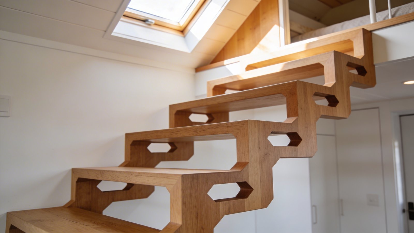 A modern alternating tread staircase in a bright tiny home interior, photographed from a low three-quarter angle showing the distinctive offset step design with cutouts on alternating sides, natural wood construction with light oak finish, each tread clearly displaying the wider and narrower portions on opposite sides creating the characteristic zigzag pattern, warm sunlight streaming from an attic window above, white walls, minimalist contemporary design, shallow depth of field focusing on the middle steps while staircase ascends toward a loft space, realistic architectural photography, professional interior shot