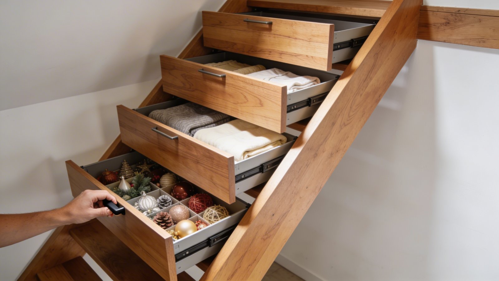 A modern interior photograph showing a sleek wooden attic staircase with integrated pull-out drawers built into each stair riser, photographed from a three-quarter side angle revealing several drawers in various states of being opened to display the storage functionality, the bottom drawer contains neatly organized seasonal decorations, middle drawers show folded linens, warm natural lighting from above highlights the honey-toned oak wood grain, contemporary minimalist home setting with white walls, one drawer handle being grasped by a hand to demonstrate usability, shallow depth of field emphasizing the innovative storage design, professional architectural photography style