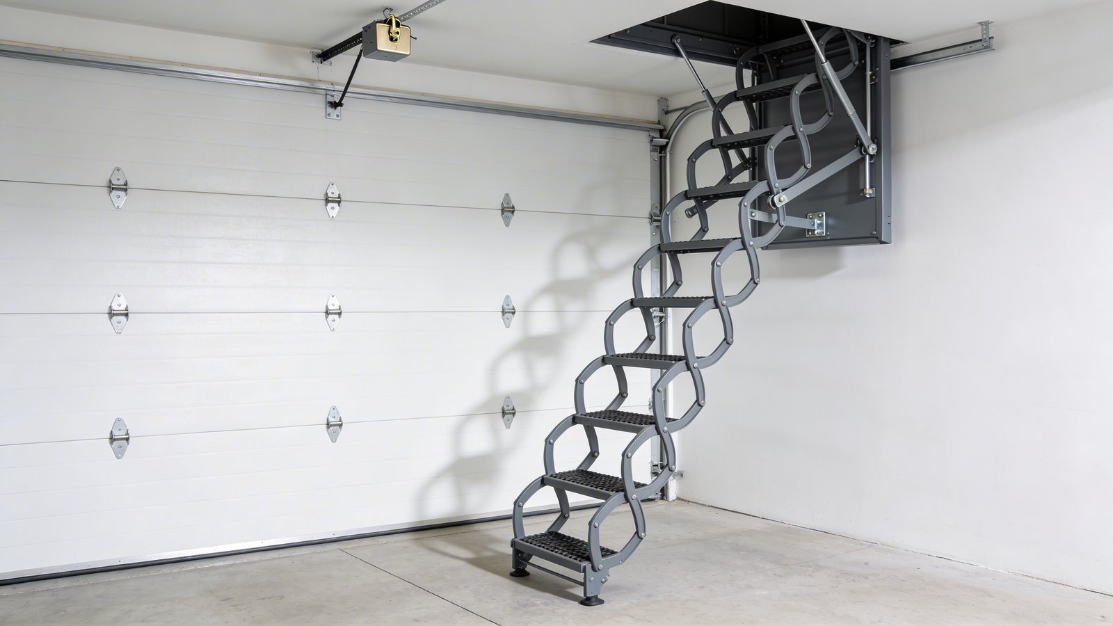 A modern wall-mounted folding attic staircase in its deployed position against a clean white garage wall, showing the ingenious accordion-style mechanism with metal hinges and supports that allow it to fold flat, captured from a three-quarter angle view in natural daylight, the industrial-style grey metal stairs extending downward with non-slip treads, a simple latch mechanism visible at the top mounting point, minimalist concrete floor below, soft shadows emphasizing the space-saving design and sleek engineering of the fold-down system