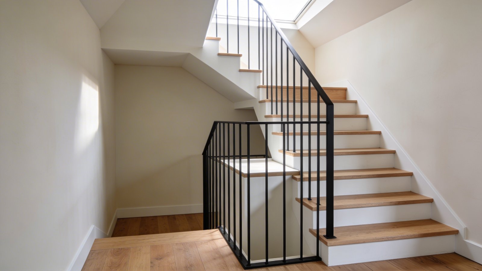 A modern L-shaped compact staircase installed in an awkward corner of a home leading to an attic, featuring a 90-degree turn with a small landing platform midway up, constructed with light oak wood treads and white painted risers, minimalist black metal railing, positioned against two perpendicular cream-colored walls, natural daylight streaming from above highlighting the space-efficient design, shot from a low angle perspective showing the full turn and vertical rise, contemporary residential interior with hardwood flooring visible at the base, realistic architectural photography style with sharp details and proper depth of field