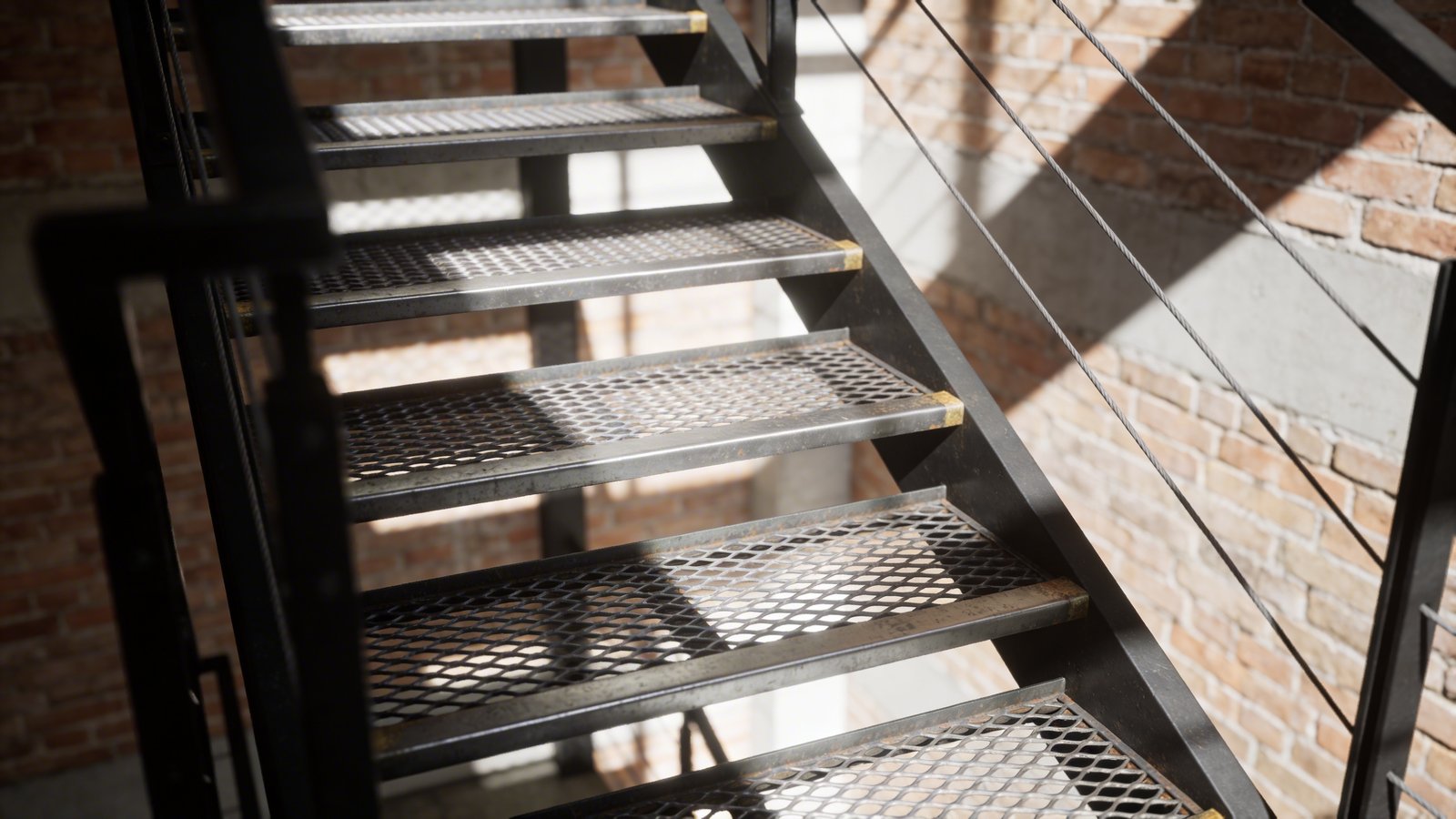 A close-up angled view of modern industrial attic stairs featuring raw metal grate treads with visible perforated steel pattern, mounted on a minimalist black steel frame with thin cable railing, natural light filtering through the transparent metal steps creating geometric shadow patterns on exposed brick walls, brushed steel finish with subtle patina developing on the edges, shot from below looking upward to emphasize the see-through quality and urban loft aesthetic, shallow depth of field highlighting the textured grip surface of the expanded metal grating