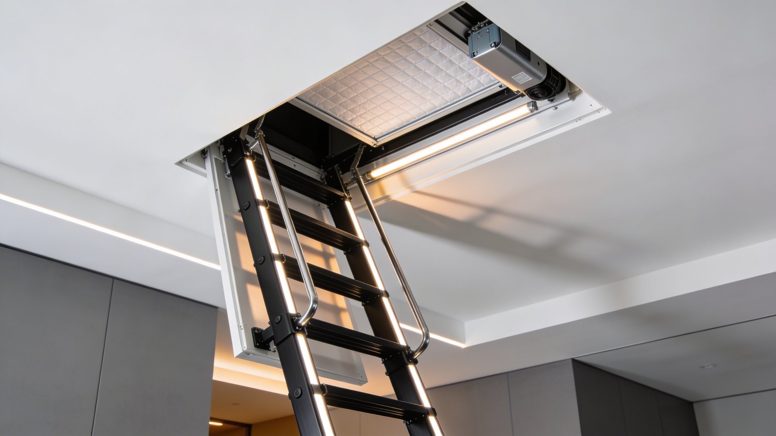 A modern ceiling-mounted electric attic ladder in polished aluminum and black finish descending smoothly from a pristine white ceiling in an upscale contemporary home, captured from a low angle perspective showing the motorized mechanism and sleek metal rungs extending downward, with soft LED strip lights integrated along the ladder's sides illuminating automatically, the flush-mounted hatch door visible above featuring insulated paneling, warm ambient lighting from the room below creating subtle shadows on the descending ladder, ultra-modern minimalist interior with grey walls visible in background, professional architectural photography style with sharp focus on the mechanical details and premium materials