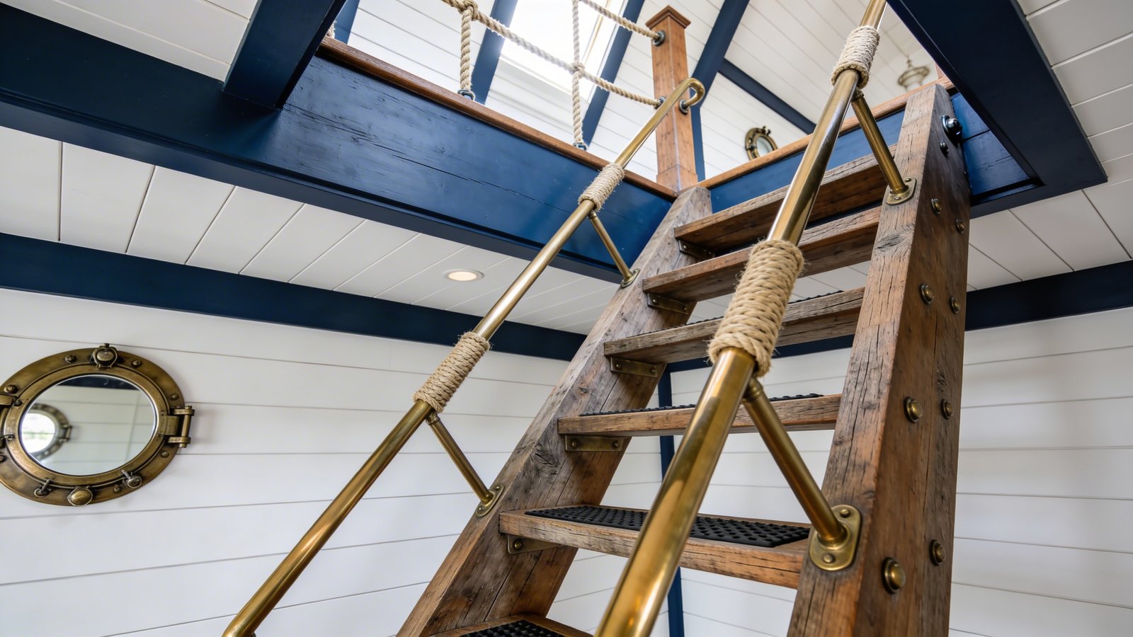 A steep ship's ladder-style staircase at a 65-degree angle leading to an attic space in a coastal home, featuring deep wooden treads in weathered teak with sturdy brass handrails on both sides, photographed from a low diagonal angle showing the dramatic pitch and nautical rope accents wrapped around the rails, bright natural light streaming from above through the attic opening, white shiplap walls, a navy blue and white color scheme with maritime decor visible including a porthole mirror, the ladder constructed from solid wood with marine-grade hardware and non-slip treads, capturing the space-saving vertical design and authentic ship-inspired craftsmanship in a contemporary beach house interior
