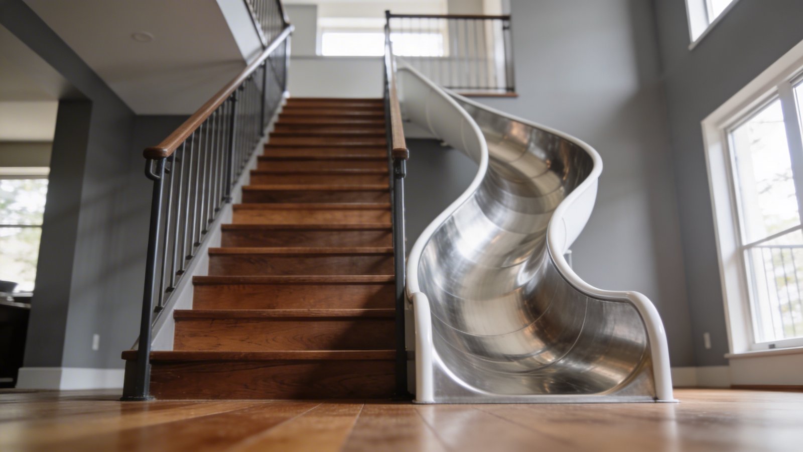 A modern indoor staircase with a sleek integrated slide attached to one side, photographed from a low angle perspective showing polished wooden stairs ascending on the left while a smooth stainless steel or white curved slide runs parallel on the right side, natural daylight streaming through nearby windows illuminating the dual-purpose design, contemporary home interior with neutral gray walls, hardwood flooring at the base, safety railings visible on both the stair and slide sections, architectural photography style with sharp focus and depth of field