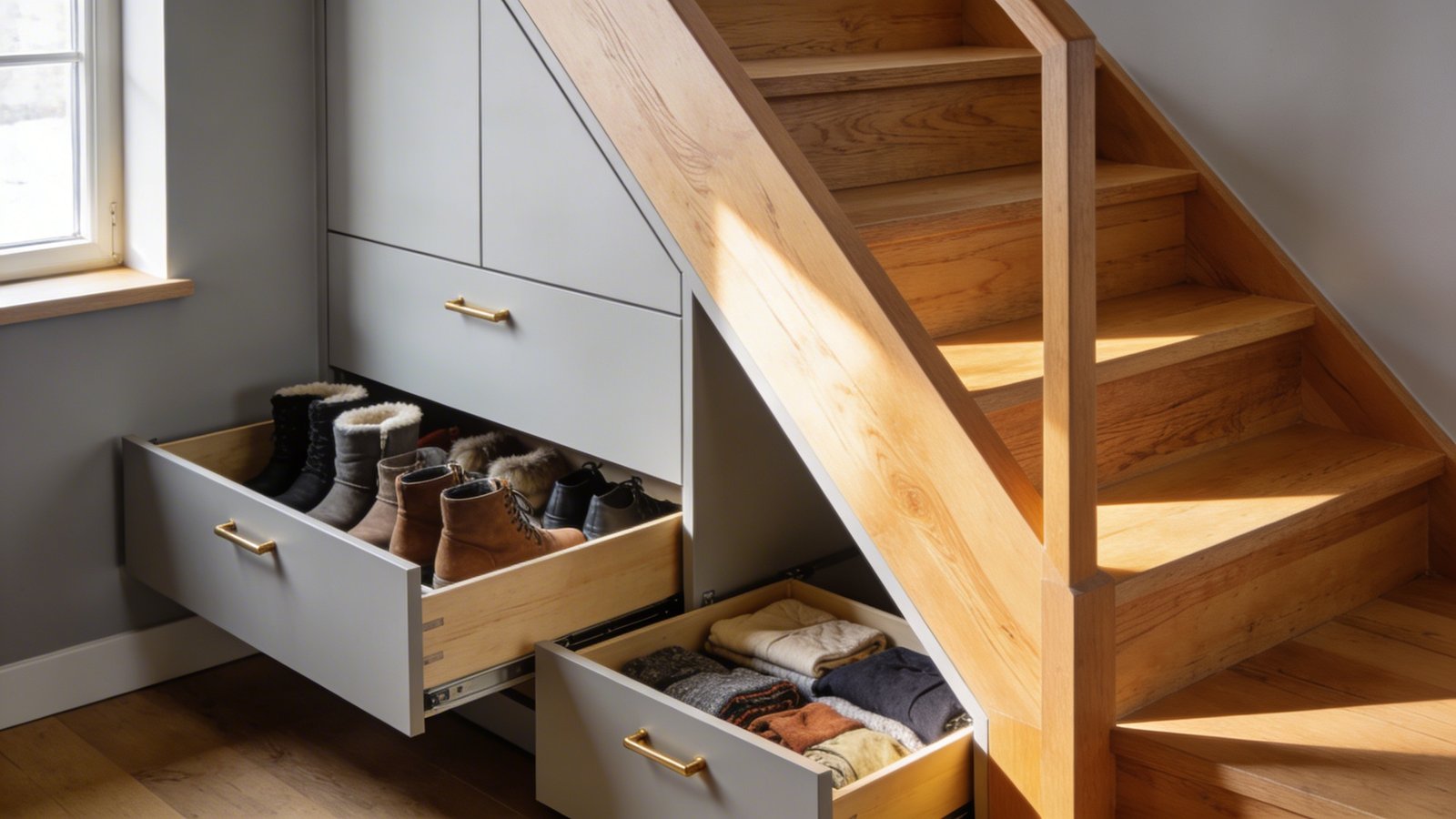 A bright Scandinavian-style tiny home interior showcasing custom pull-out drawers installed beneath a modern wooden staircase, with one drawer fully extended revealing neatly organized winter boots and shoes, another drawer partially open displaying folded seasonal items, warm natural lighting streaming through a nearby window illuminating the honey-toned wood grain of the stairs and drawer fronts, shot from a low three-quarter angle to emphasize the clever use of the triangular under-stair space, soft grey walls in the background, minimalist aesthetic with clean lines and brass drawer handles