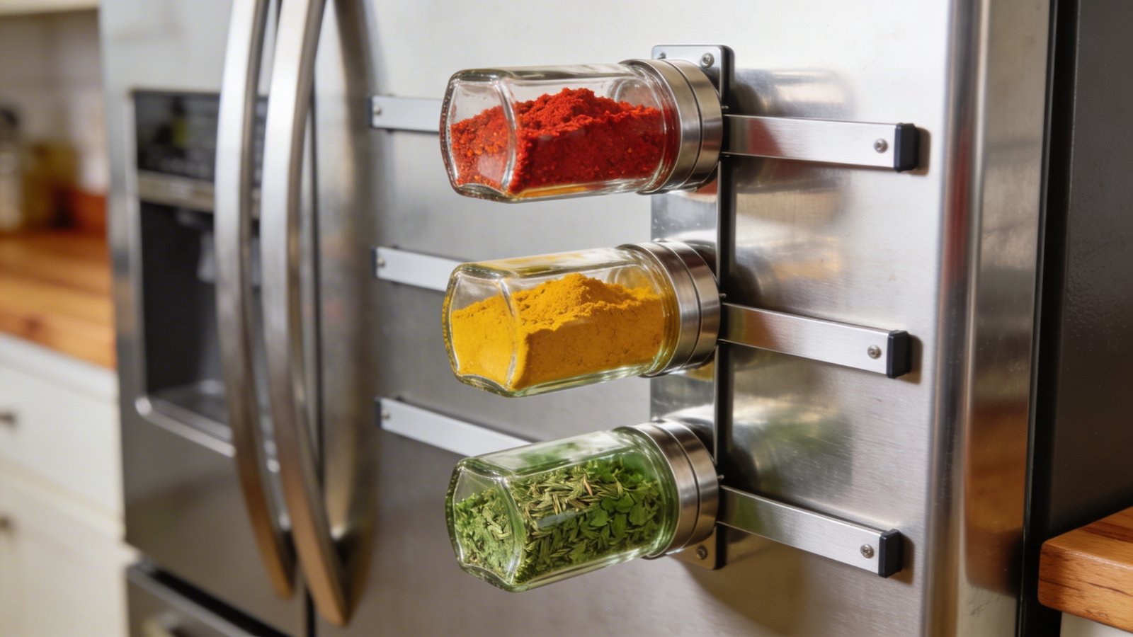 A close-up photograph of the side of a stainless steel refrigerator with three horizontal magnetic strips mounted vertically, holding clear glass magnetic spice containers filled with colorful spices including red paprika, yellow turmeric, and green herbs, shot from a 45-degree angle in a modern compact kitchen with soft natural lighting highlighting the organized containers, warm wood countertop visible in the background, shallow depth of field creating a professional culinary magazine aesthetic