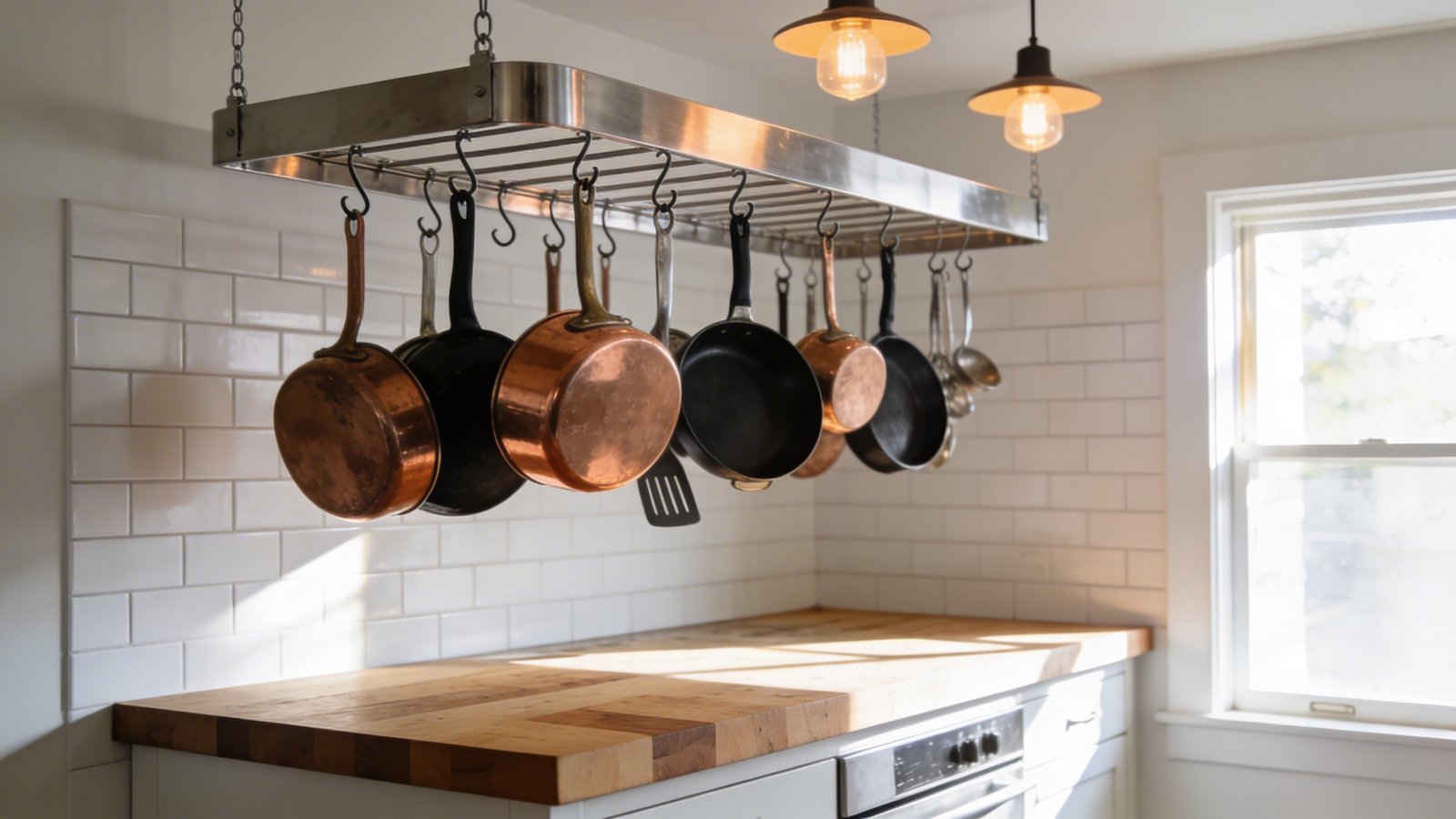 A modern tiny kitchen interior showcasing a gleaming stainless steel ceiling-mounted pot rack suspended above a compact kitchen island, with various copper and black cookware hanging from S-hooks at different heights, warm pendant lighting illuminating the pots from above, white subway tile backsplash visible in the background, natural wood butcher block countertop on the island below, photographed from a three-quarter angle to show depth and the vertical storage solution, bright and airy atmosphere with morning sunlight streaming through a nearby window