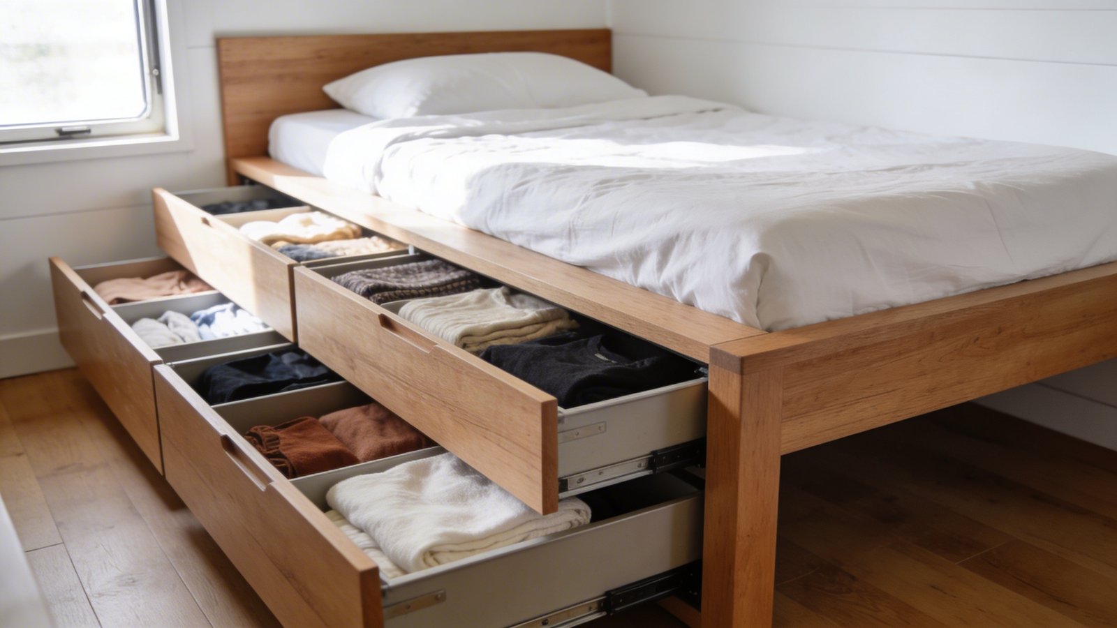A modern platform bed with natural oak wood frame in a bright minimalist tiny home bedroom, showing multiple deep pull-out storage drawers fully extended on one side revealing neatly folded seasonal clothes and linens inside, shot from a low three-quarter angle perspective, crisp white bedding on top, soft natural morning light streaming through a nearby window, Scandinavian design aesthetic with clean lines, warm wood tones against white walls, ultra-realistic photograph with shallow depth of field