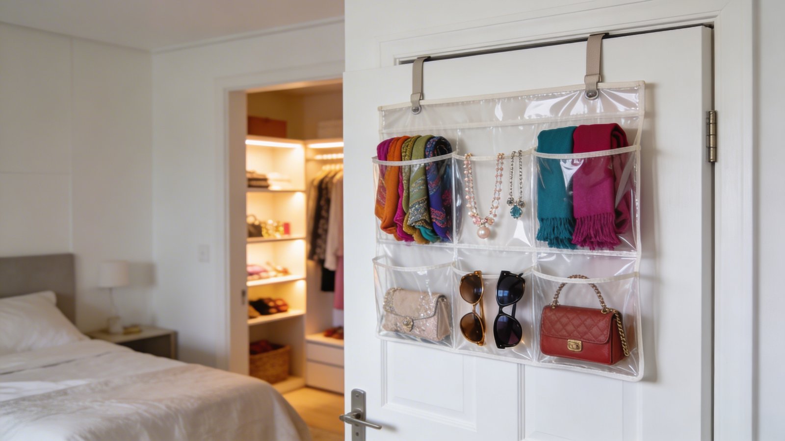 A high-quality photograph of a white bedroom door with a clear pocket over-door organizer hanging from the top, filled with colorful accessories including folded scarves in jewel tones, delicate necklaces, sunglasses, and small handbags, shot from a slight side angle showing the depth of the pockets, with soft natural lighting illuminating the organized items, modern minimalist bedroom visible in the background, shallow depth of field, lifestyle magazine photography style