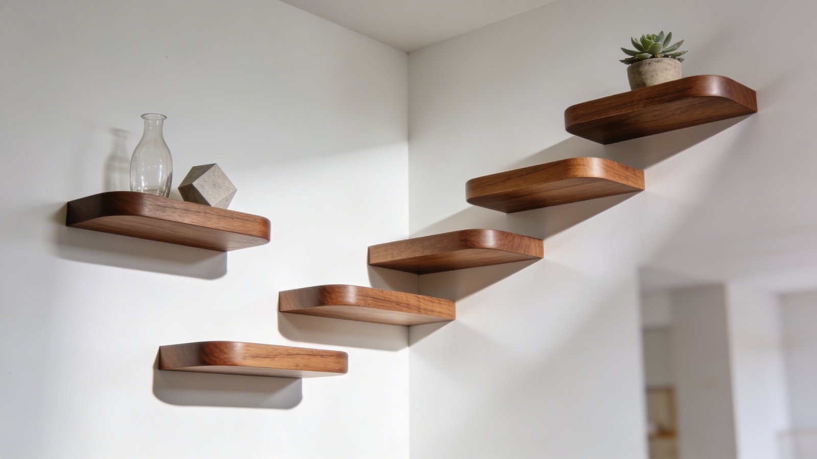 High-quality photo representing: 6. Floating Corner Shelves That Defy Physics