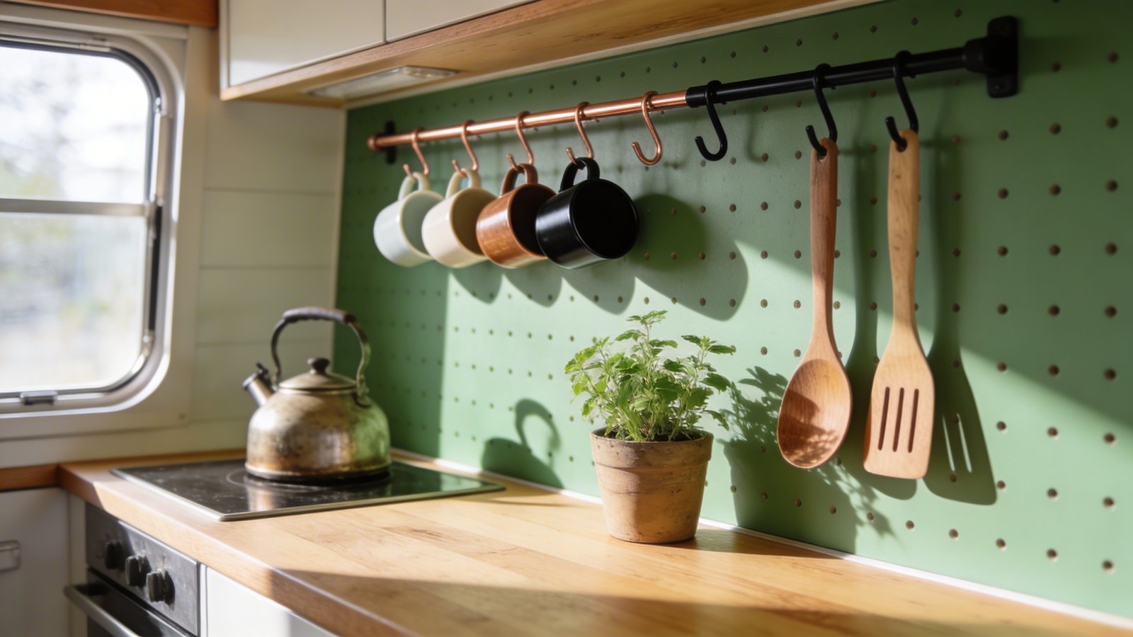 A bright Scandinavian-style tiny home kitchen interior featuring a sage green painted pegboard wall mounted above a compact wooden countertop, with various copper and matte black hooks holding ceramic coffee mugs, wooden cooking utensils, a small potted herb plant, and a vintage kettle, natural morning light streaming through a nearby window creating soft shadows on the textured pegboard, shot from a slightly angled perspective showing the organized yet casual arrangement of items, warm wood tones contrasting with the colored pegboard, minimalist aesthetic with clean lines and carefully curated kitchen essentials creating both functional storage and decorative appeal