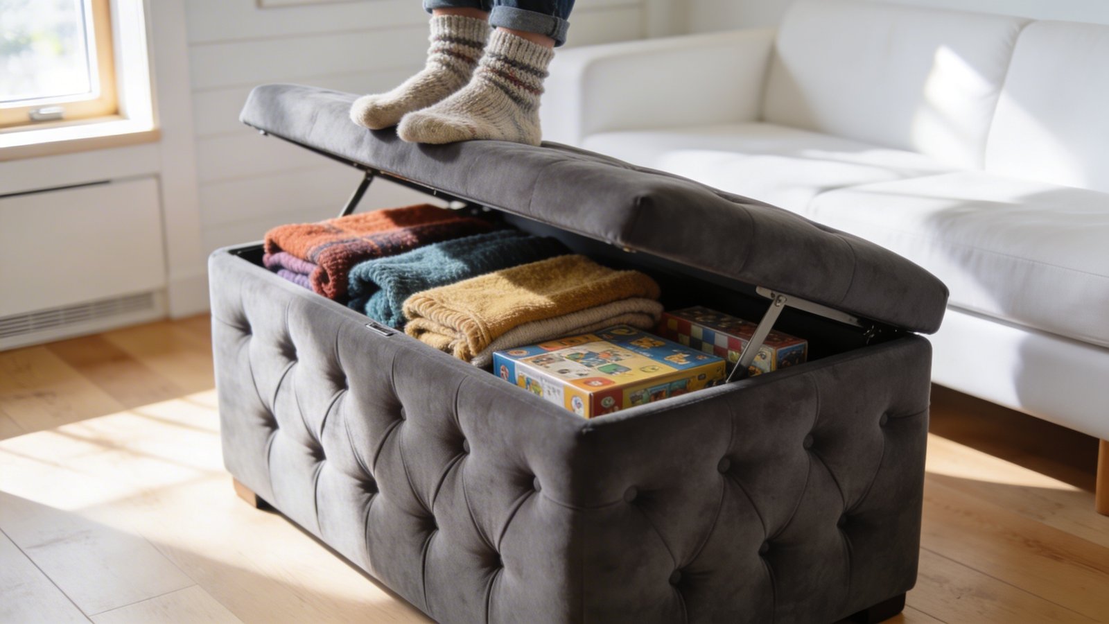 A bright Scandinavian-style tiny home living room featuring an elegant tufted charcoal gray storage ottoman in the center, lid slightly open revealing neatly folded colorful throw blankets and board games inside, natural afternoon sunlight streaming through a nearby window, a person's feet in cozy socks resting on top of the ottoman, with a minimalist white sofa and light wood flooring in the background, shot from a low three-quarter angle, shallow depth of field, warm and inviting atmosphere, professional interior photography