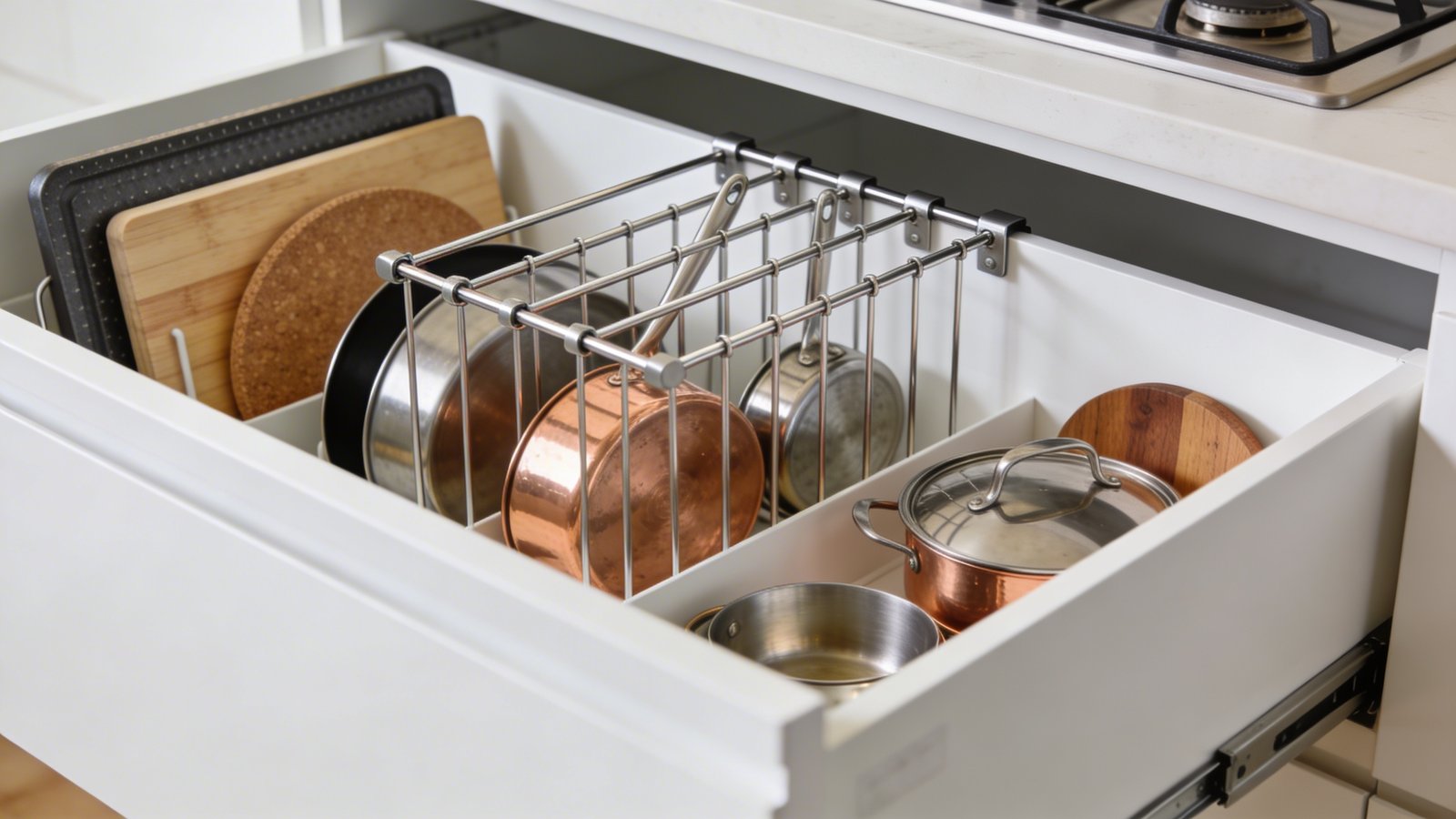 A high-quality photograph taken from a 45-degree overhead angle showing an open deep kitchen drawer with adjustable tension rods creating vertical dividers, with baking sheets, cutting boards, and pot lids neatly organized standing upright between the chrome tension rods, natural light illuminating the organized compartments, modern white drawer interior with various cookware items in copper, stainless steel, and wooden finishes separated into distinct sections, shallow depth of field focusing on the front tension rod divider system