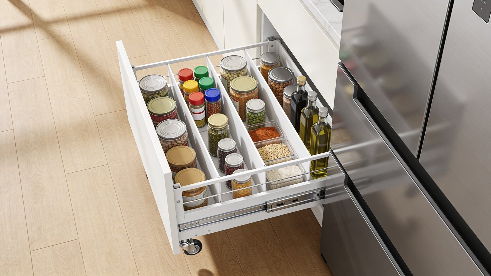 A realistic overhead angled photograph of a sleek white slide-out pantry unit fully extended from a narrow gap between a stainless steel refrigerator and kitchen wall, showcasing four vertical shelves stocked with organized canned goods, colorful spice jars, olive oil bottles, and pantry staples, with chrome rolling mechanisms visible at the base, soft natural kitchen lighting, modern minimalist kitchen with light wood flooring, sharp focus on the pulled-out pantry storage system