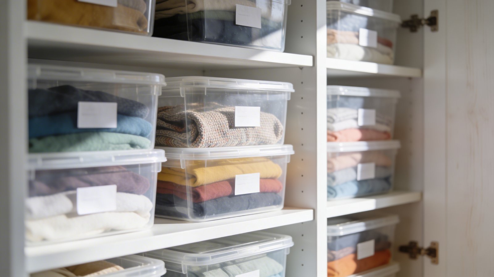 A bright, well-organized closet interior photographed from a three-quarter angle showing multiple clear plastic stackable storage bins arranged on white shelving, filled with neatly folded colorful seasonal clothing visible through the transparent containers, small white labels attached to each bin, natural daylight streaming from the side creating soft shadows, minimal Scandinavian aesthetic with pale wood accents, sharp focus on the middle bins showing texture of fabrics inside, shallow depth of field, professional home organization photography style