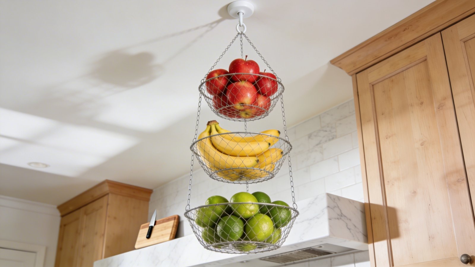 A bright, airy tiny kitchen photographed from a low angle showing three-tiered wire hanging fruit baskets suspended from a white ceiling hook, filled with colorful fresh produce including red apples, yellow bananas, and green limes, with a clear view of the freed-up white marble countertop below featuring a small cutting board and knife, natural morning light streaming through a nearby window creating soft shadows, modern farmhouse style with pale wood cabinets visible in the background, shallow depth of field emphasizing the hanging storage solution