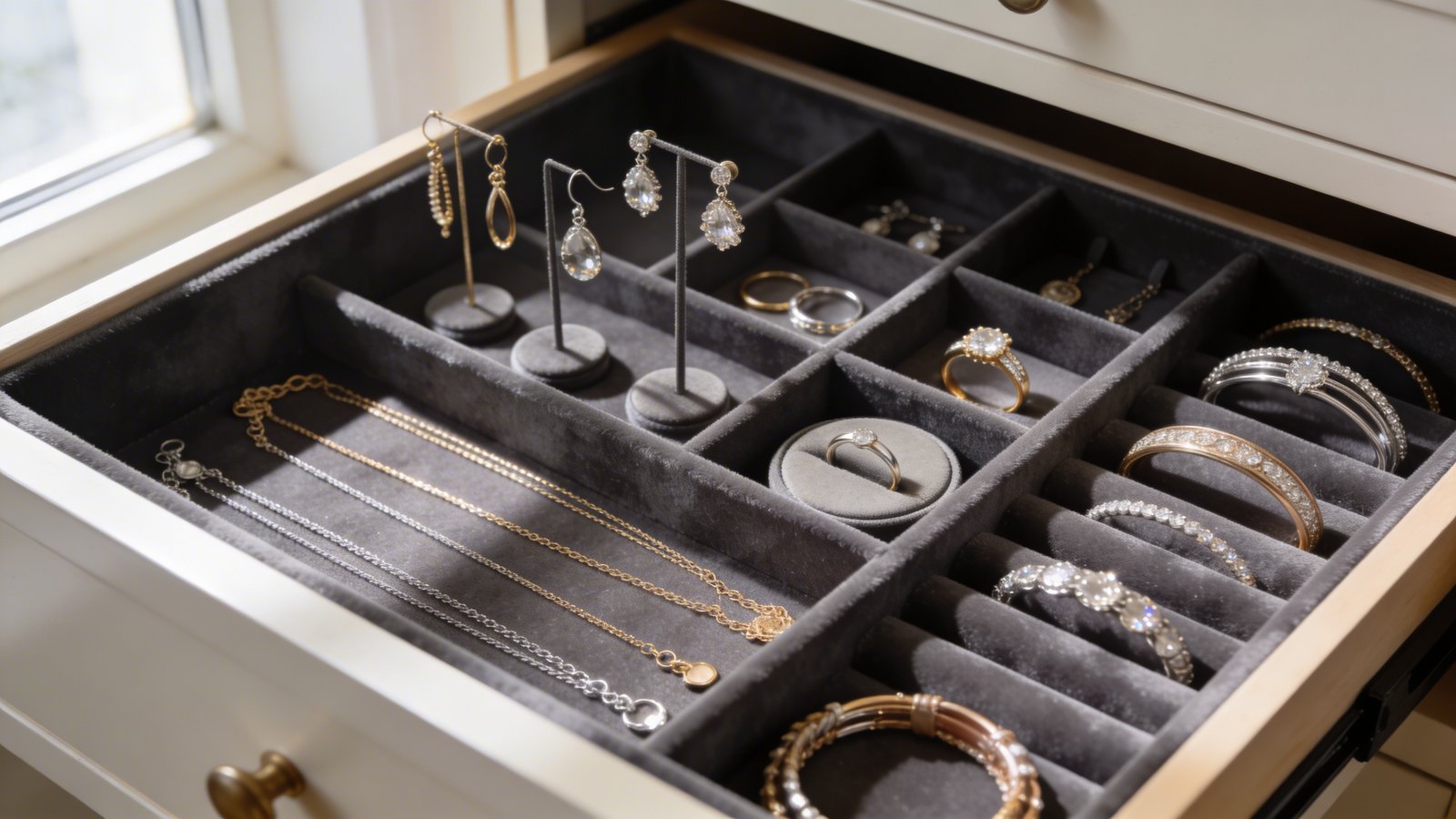 A close-up overhead photograph of an open dresser drawer featuring luxurious velvet-lined jewelry organizer inserts in deep charcoal gray, with distinct compartments filled with organized accessories - delicate gold and silver necklaces laid flat without tangles, pairs of earrings standing upright in individual slots, rings nestled in small circular holders, and bracelets arranged in longer sections, all bathed in soft natural window light that creates gentle shadows and highlights the rich texture of the velvet lining and the sparkle of the jewelry pieces, shot from a 45-degree angle to show depth and organization
