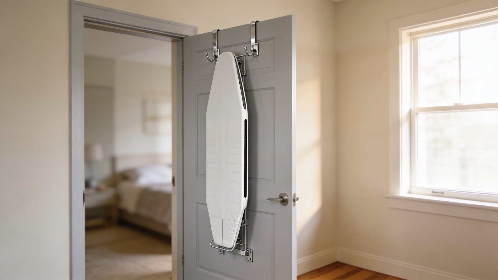 A realistic photograph of a white ironing board mounted vertically on the back of a bedroom door using chrome metal hooks, shot from a three-quarter angle showing the door slightly ajar, warm natural lighting from a nearby window, the ironing board's narrow profile flat against the pale grey door, visible room interior with minimalist decor in soft focus, the mounting hardware clearly visible, clean modern aesthetic with beige walls and hardwood flooring partially visible at the bottom of the frame