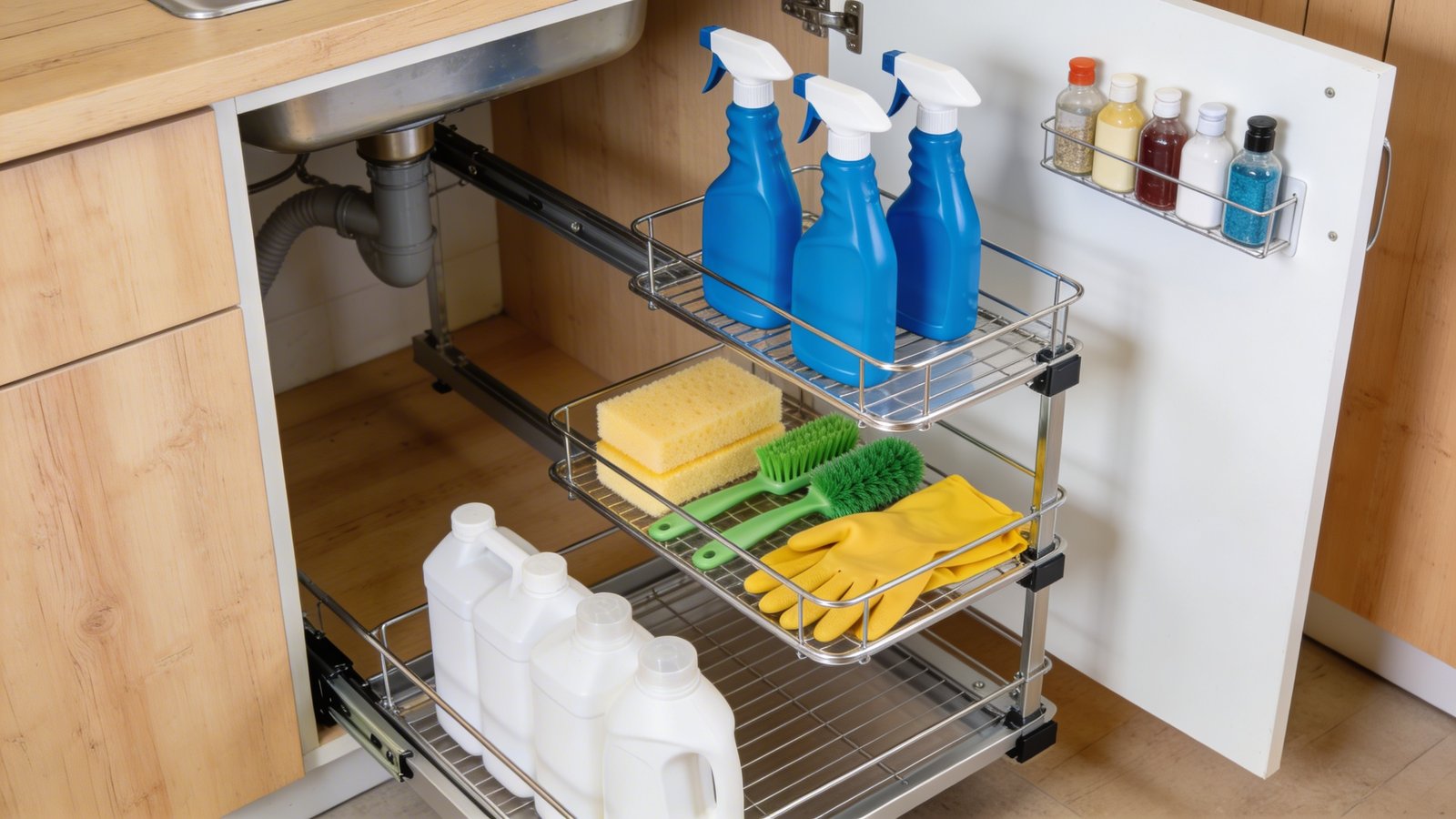 A realistic overhead photograph of an open under-sink cabinet revealing a chrome sliding tiered organizer system pulled halfway out, showcasing three distinct levels filled with colorful cleaning supplies - bright blue spray bottles on the top tier, yellow sponges and green brushes with rubber gloves on the middle tier, and white backup product containers on the bottom tier, with additional small bottles mounted on the inside of the white cabinet door, natural kitchen lighting illuminating the organized space against light wood cabinet interior