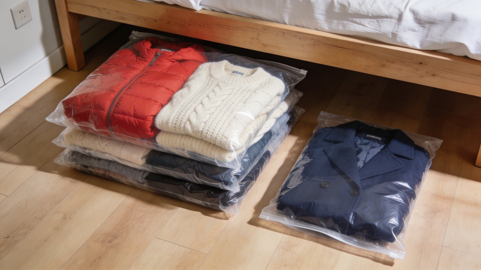 A realistic overhead photograph of transparent vacuum-sealed storage bags filled with colorful winter clothing including a red puffy jacket, cream knit sweaters, and a navy coat, dramatically compressed flat and stacked under a wooden bed frame, with one unsealed bag beside them showing the thickness difference, natural bedroom lighting casting soft shadows on light hardwood flooring, showcasing the space-saving compression in a minimalist tiny home setting