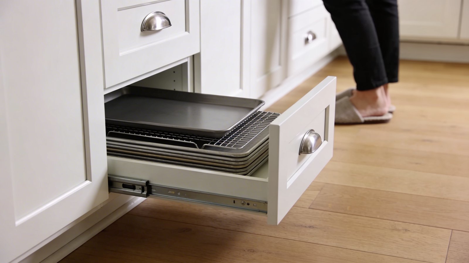 A modern kitchen interior photographed from a low angle showing a person's feet in casual house slippers standing near white shaker-style base cabinets, with a sleek toe-kick drawer pulled open at floor level revealing neatly organized flat baking sheets and cooling racks stored horizontally in the shallow recessed space, natural daylight streaming across light oak hardwood floors, contemporary chrome drawer pulls, depth of field focusing on the open toe-kick storage drawer
