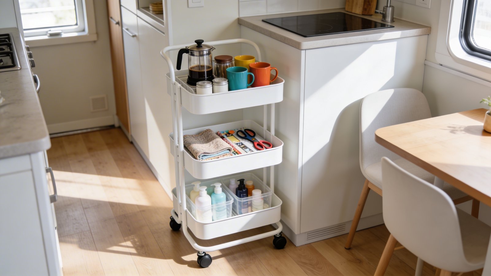 A bright modern tiny home interior showcasing a sleek white three-tier rolling cart with wheels positioned between a compact kitchen counter and a small dining area, filled with neatly organized coffee supplies on the top tier including a French press and colorful mugs, craft materials with fabric and scissors on the middle tier, and bathroom toiletries in clear containers on the bottom tier, natural daylight streaming through a nearby window, shot from a 45-degree angle at waist height, shallow depth of field emphasizing the cart's mobility and multi-functional storage capabilities, Scandinavian minimalist aesthetic with light wood floors and neutral walls