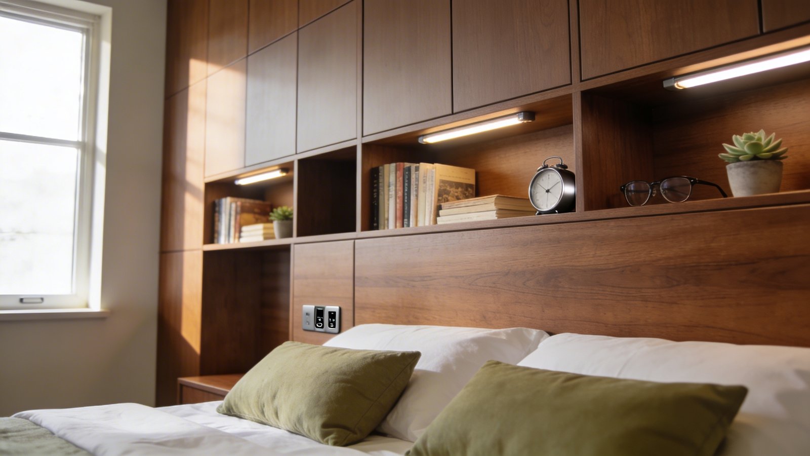 A modern bedroom interior photograph showing a sophisticated storage headboard in warm walnut wood finish with multiple open cubby compartments and closed cabinet doors, displaying neatly arranged books, a sleek alarm clock, reading glasses, and small potted succulents, with built-in LED reading lights and subtle USB charging ports integrated into the design, photographed from a 45-degree angle to showcase the depth and functionality of the shelving units, soft morning light streaming from a side window, crisp white bedding with sage green accent pillows against the headboard, minimal nightstand-free bedroom layout emphasizing the space-saving design, shallow depth of field with focus on the headboard storage details, professional interior photography style