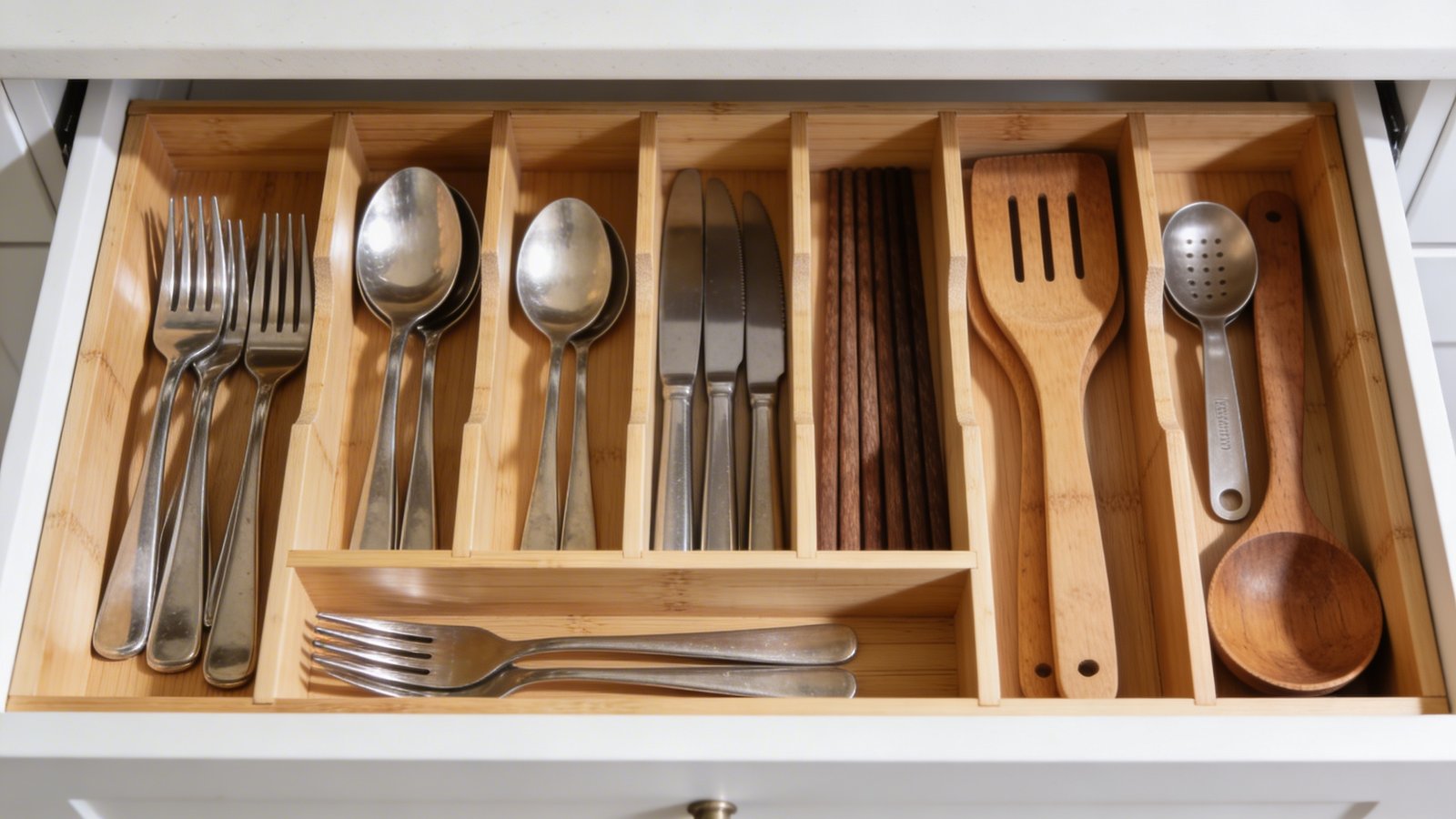 A bright overhead view of an open kitchen drawer with bamboo expandable drawer organizers creating neat compartments, showing adjustable dividers at different widths filled with various utensils including silver forks, spoons, knives, wooden spatulas, and measuring spoons, natural wood tones contrasting against a white drawer interior, soft natural lighting casting gentle shadows, shallow depth of field focusing on the organized sections, realistic home photography style