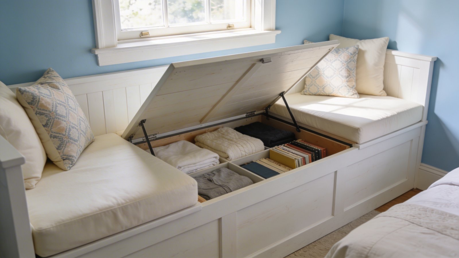 A cozy window seat storage bench with a lifted hinged top revealing organized storage space inside filled with folded linens and books, featuring plush cream-colored cushions and decorative pillows on the seat portion, natural sunlight streaming through the window above, white painted wood construction, positioned in a compact bedroom setting with pale blue walls, shot from a three-quarter angle showing both the open storage compartment and the comfortable seating area, realistic home interior photography style with soft natural lighting
