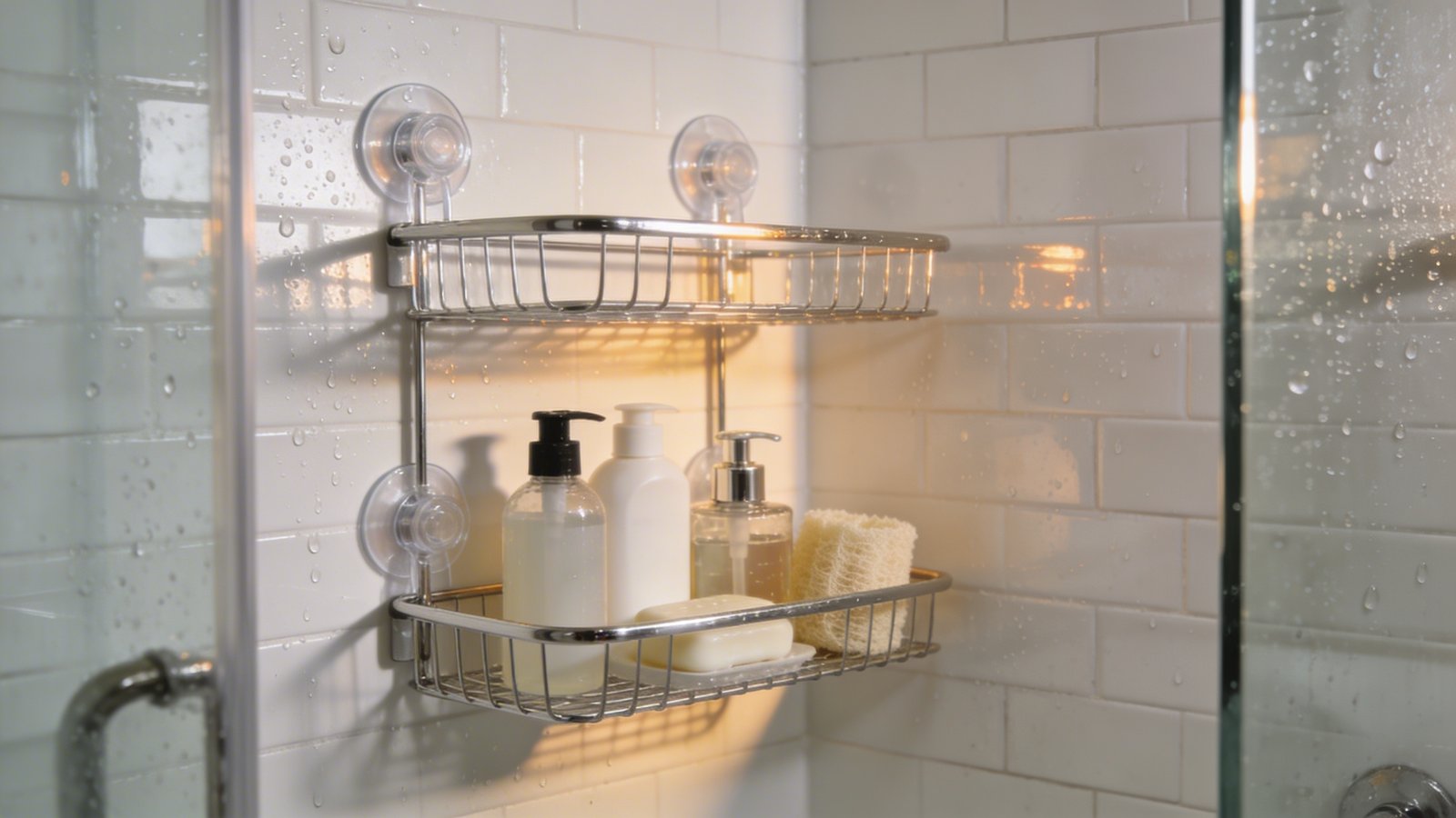 A modern bathroom corner shower with a sleek chrome shower caddy system attached to glass walls using strong suction cups, holding neatly organized toiletries including shampoo bottles, conditioner, soap dispenser, and a loofah, captured from a side angle showing the translucent suction cup details gripping the wet tile surface, with water droplets on the glass, warm natural lighting creating reflections on the metallic surfaces, shallow depth of field focusing on the mid-tier basket of the three-tiered caddy organizer in a compact shower space with white subway tiles