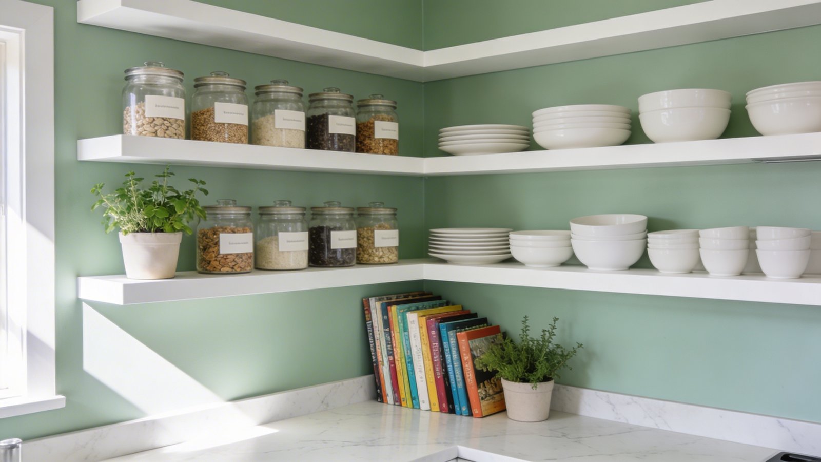A bright modern tiny home kitchen featuring floor-to-ceiling white floating shelves mounted on a soft sage green wall, showcasing neatly arranged white ceramic dishes, glass jars with uniform labels containing dry goods, potted herbs, and colorful cookbooks arranged vertically, photographed from a slight diagonal angle with natural light streaming in from the left, highlighting the vertical storage solution and maximized wall space, with a glimpse of white marble countertops below remaining clear and uncluttered, Scandinavian minimalist style, professional interior photography
