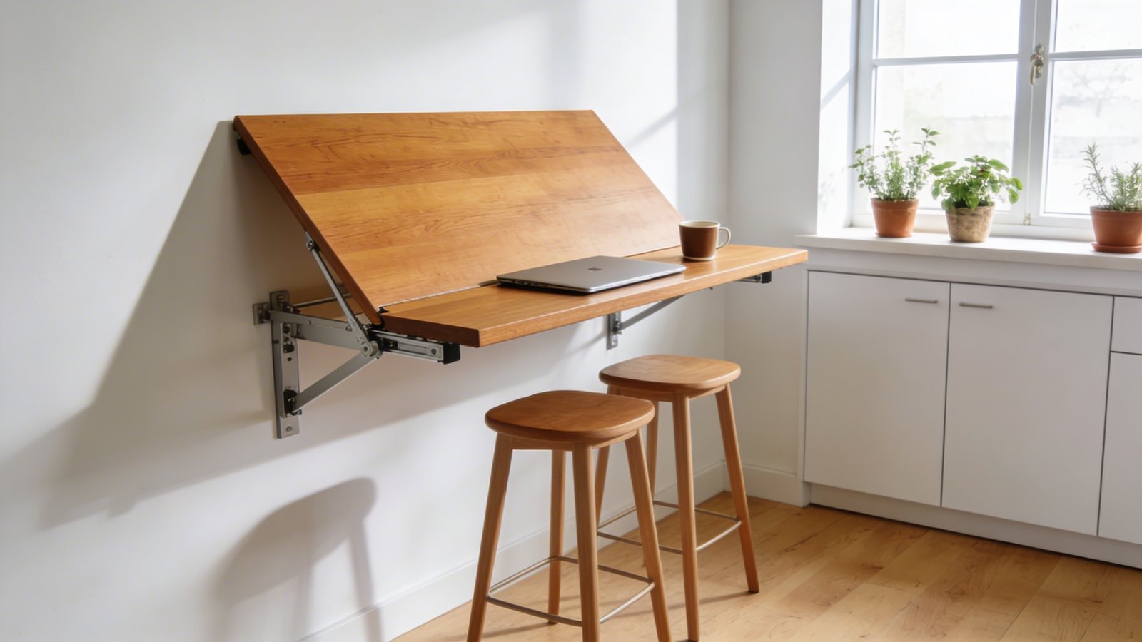 A bright, modern tiny home kitchen featuring a sleek wooden fold-down table mounted on a white wall in the down position, with two minimalist bar stools tucked underneath, a laptop and coffee cup on the table surface, large window with natural sunlight streaming in behind it, compact white cabinets visible to the side, potted herbs on the windowsill, warm honey-toned wood table contrasting against crisp white walls, shot from a side angle showing the table's wall-mounting hardware and space-saving design, Scandinavian-inspired aesthetic with light oak flooring